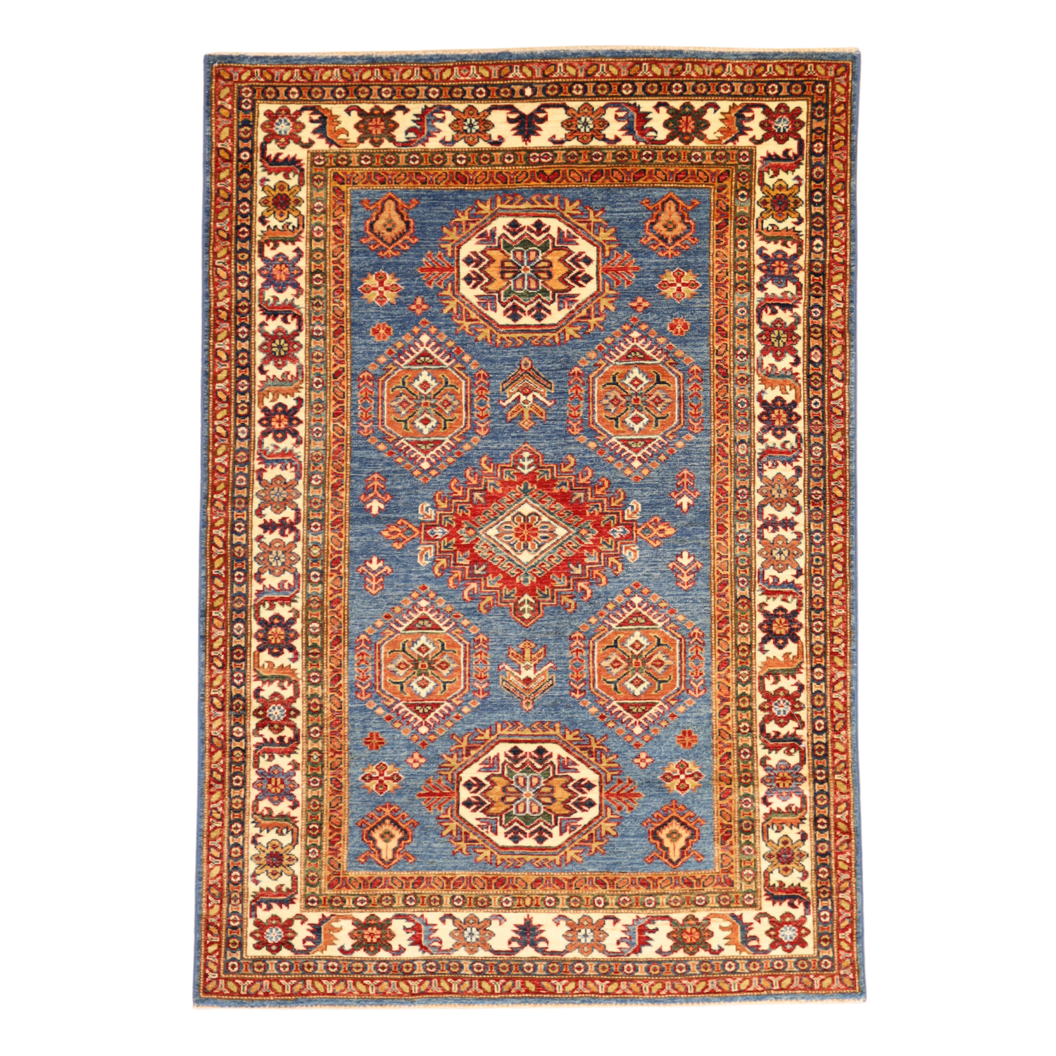 4'0" x 5'9" BLUE AND IVORY KAZAK GEOMETRIC PAKISTANI RUG