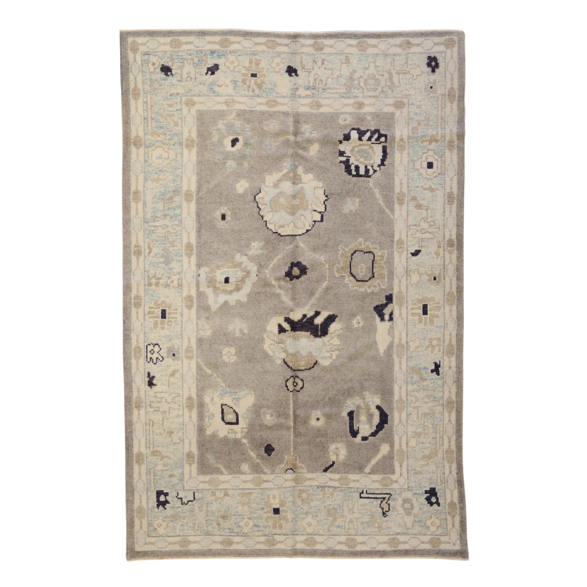 5'0" x 7'8" GRAY AND BLUE OUSHAK GEOMETRIC TURKISH RUG