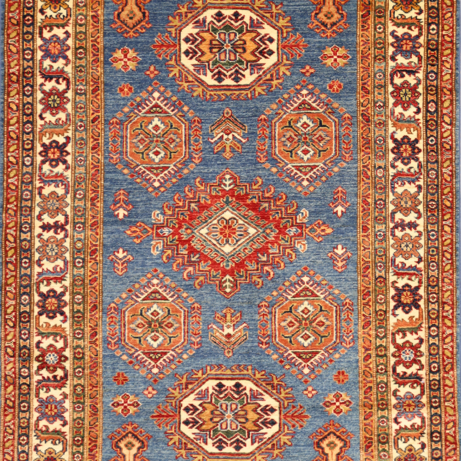 4'0" x 5'9" BLUE AND IVORY KAZAK GEOMETRIC PAKISTANI RUG