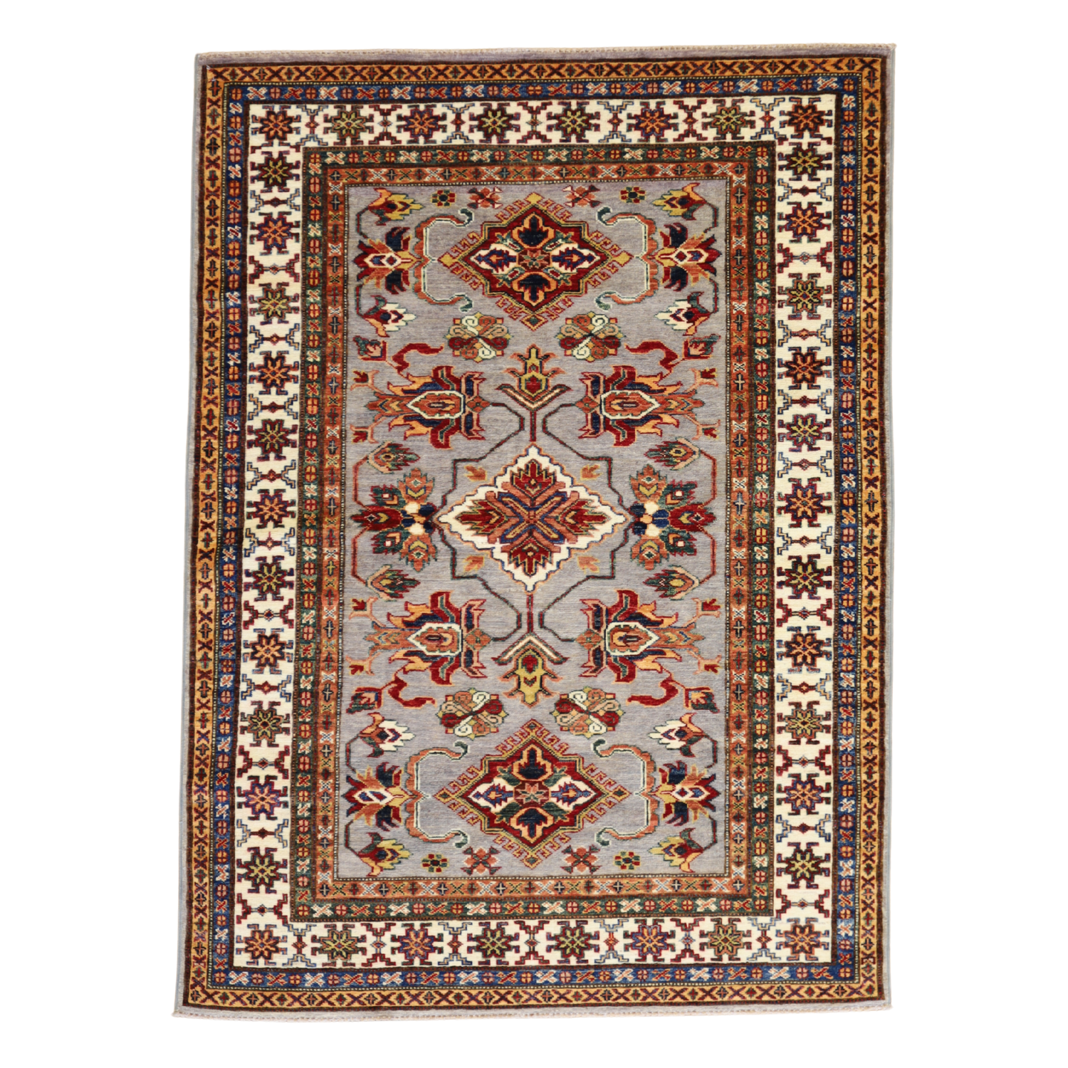 4'3" x 5'9" GRAY AND IVORY KAZAK GEOMETRIC PAKISTANI RUG