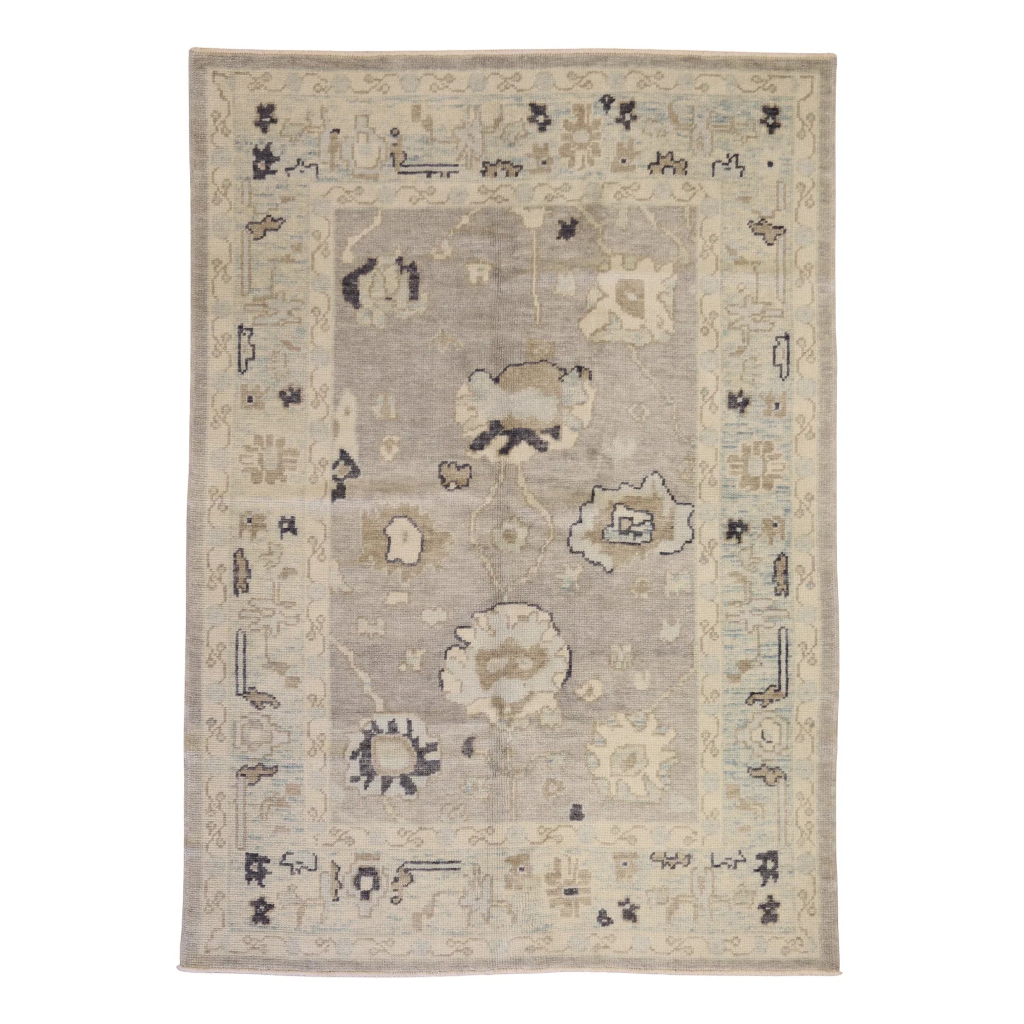 5'0" x 7'3" GRAY AND BLUE OUSHAK GEOMETRIC TURKISH RUG