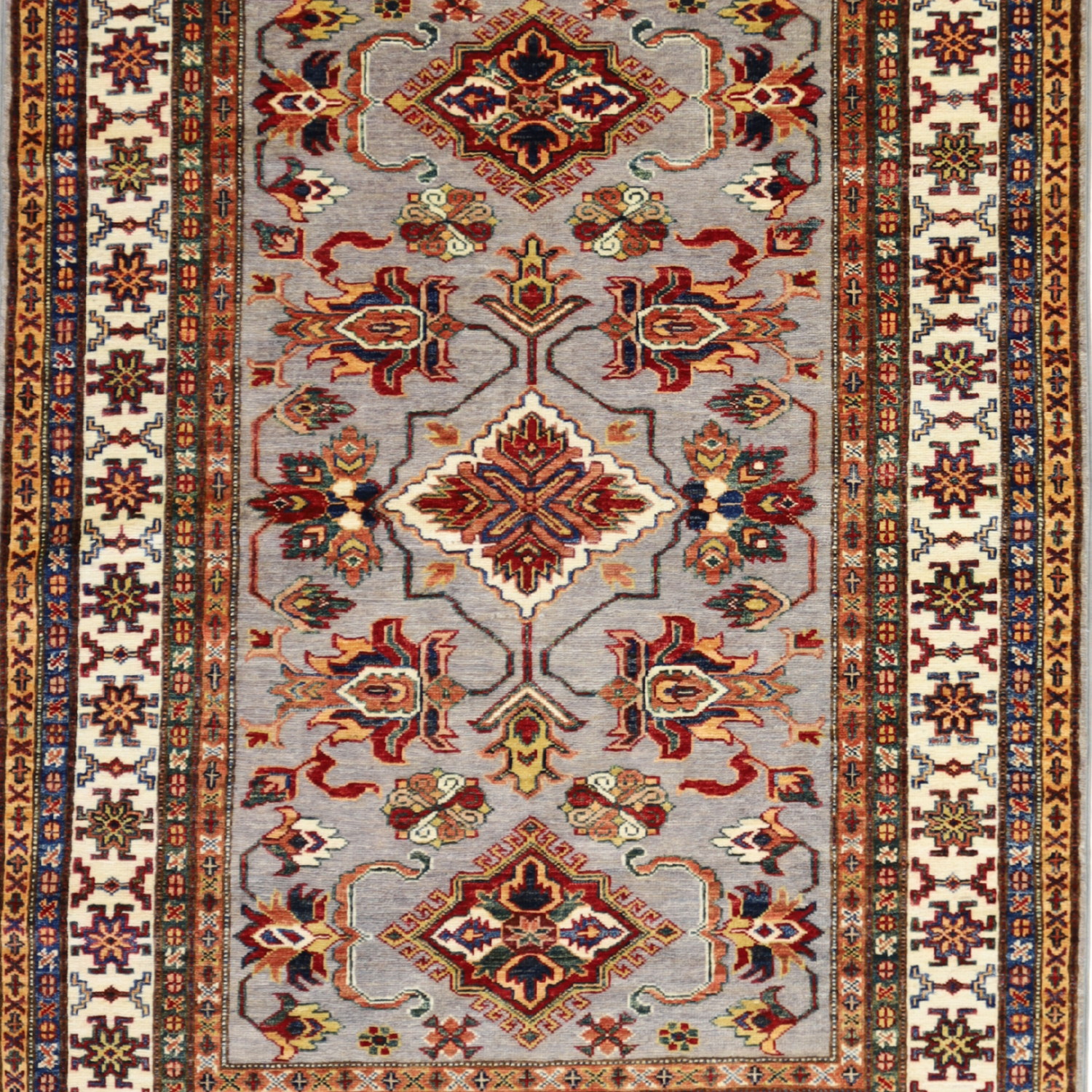 4'3" x 5'9" GRAY AND IVORY KAZAK GEOMETRIC PAKISTANI RUG