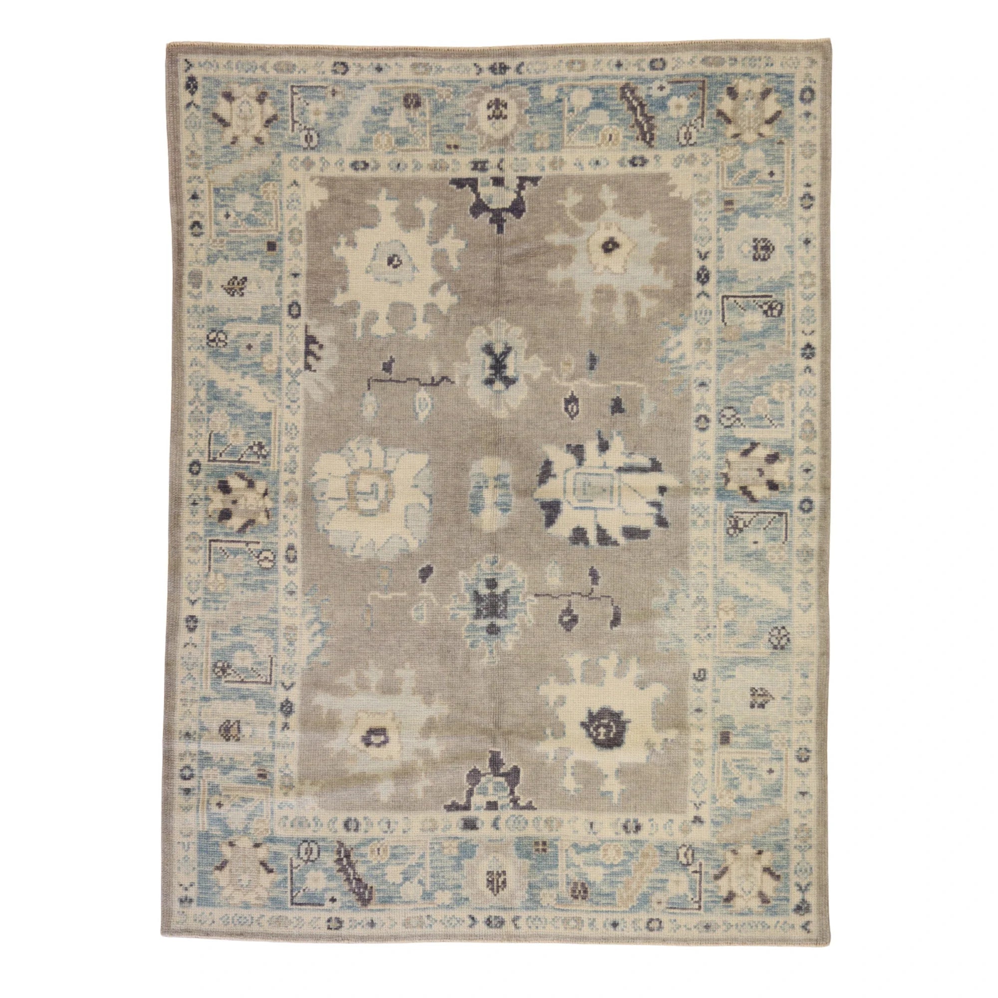 5'0" x 6'10" GRAY AND BLUE OUSHAK GEOMETRIC TURKISH RUG