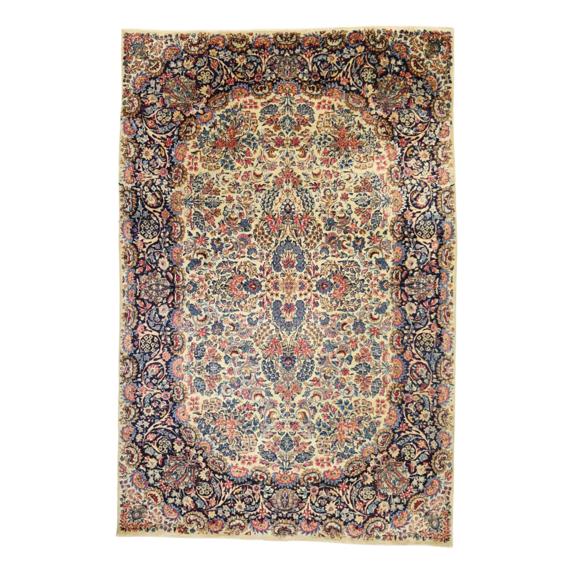 5'10" x 9'0" IVORY AND NAVY KERMAN FLORAL PERSIAN RUG