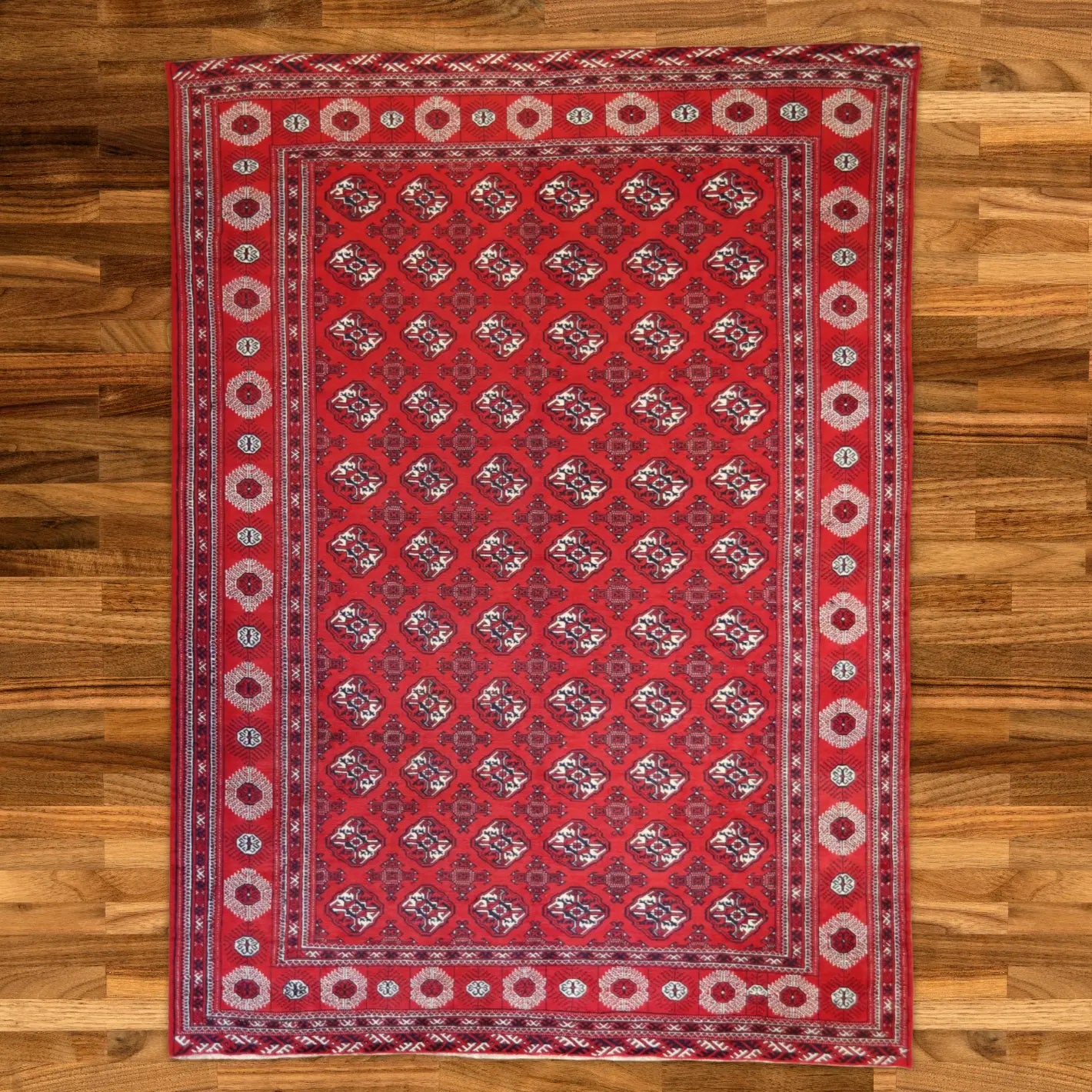 9'6" x  12'10" RED AND RED TURKAMAN GEOMETRIC PERSIAN RUG