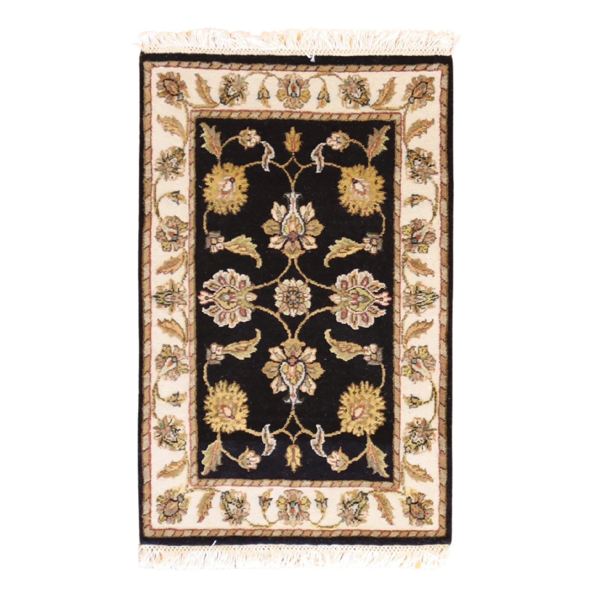 2'0" x 3'0" BLACK AND IVORY JAIPUR FLORAL INDIAN RUG