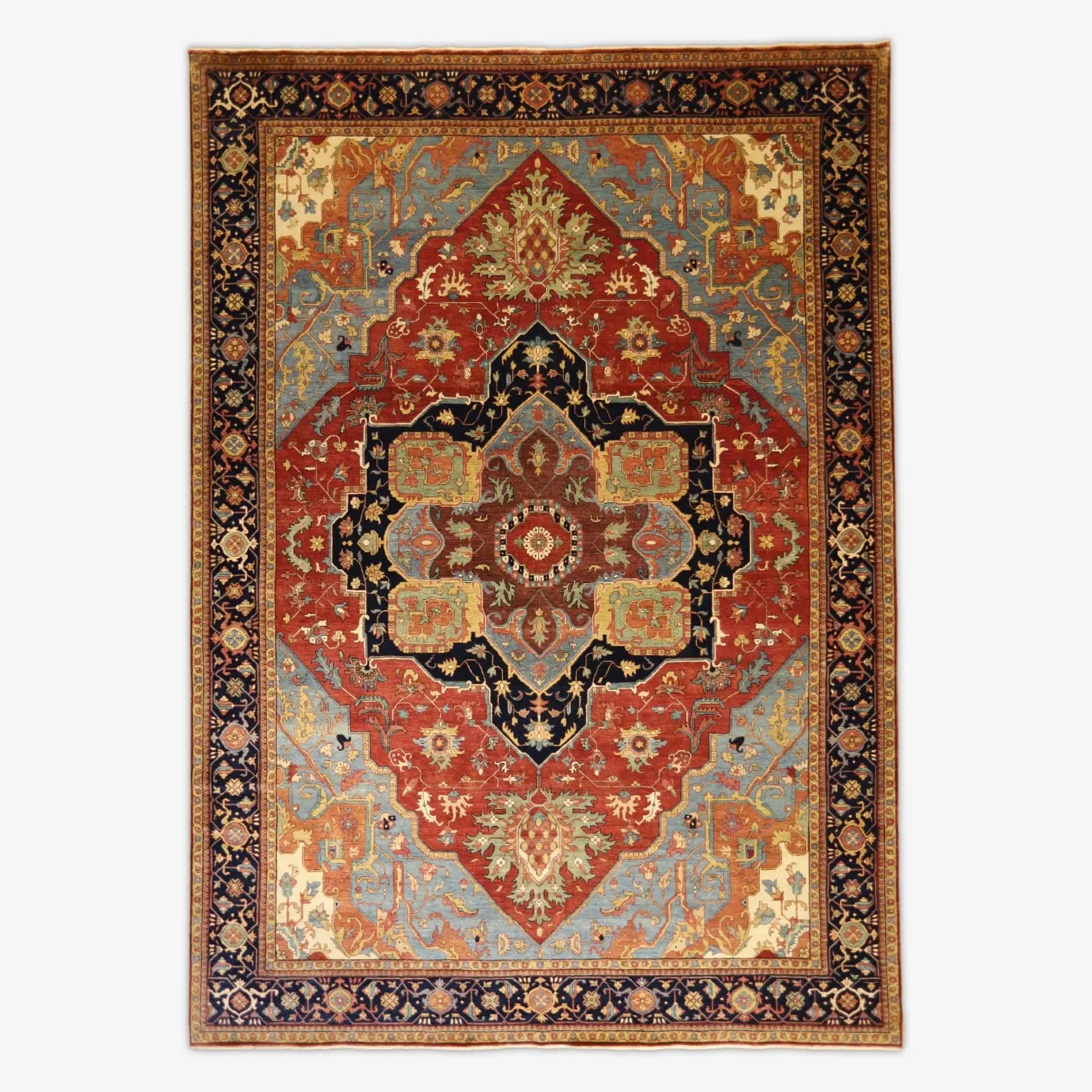 10'0" x 14'2" RED AND NAVY SERAPI GEOMETRIC INDIAN RUG