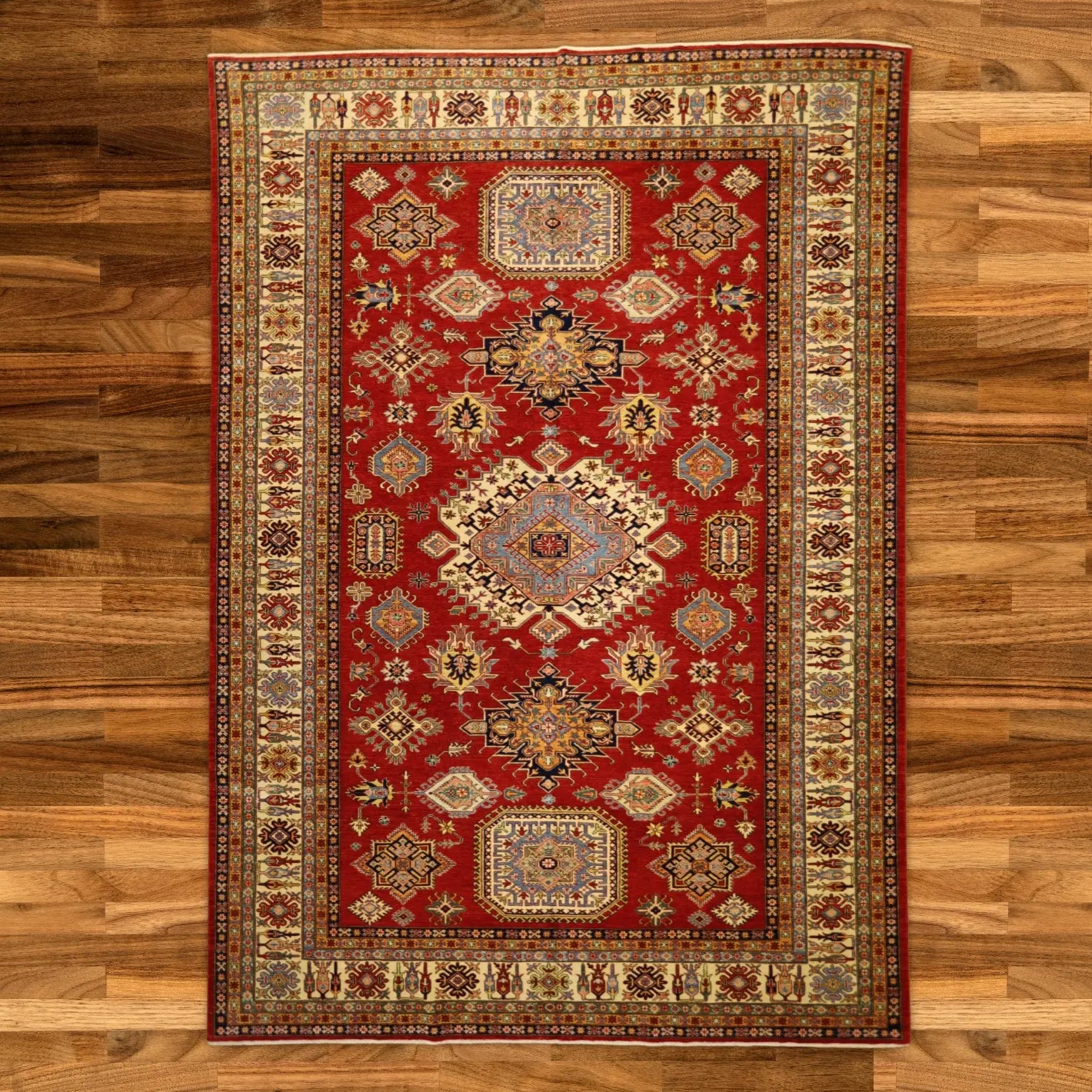 10'   0" x  14'   0" RED AND BEIGE KAZAK GEOMETRIC PAKISTANI RUG