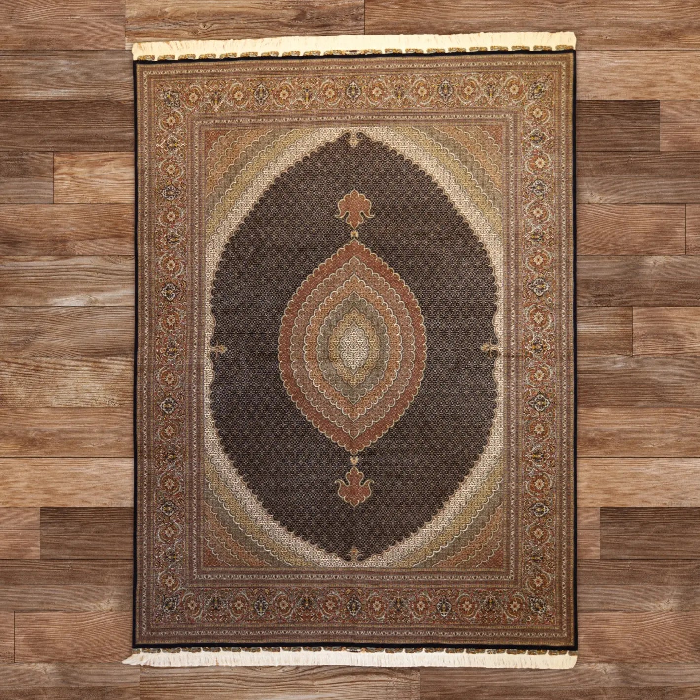 9'8" x 13'2" NAVY AND RUST TABRIZ FISH DESIGN PERSIAN RUG