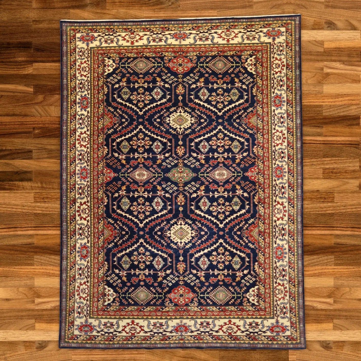 10'0" x 13'7" NAVY AND BEIGE KAZAK GEOMETRIC PAKISTANI RUG