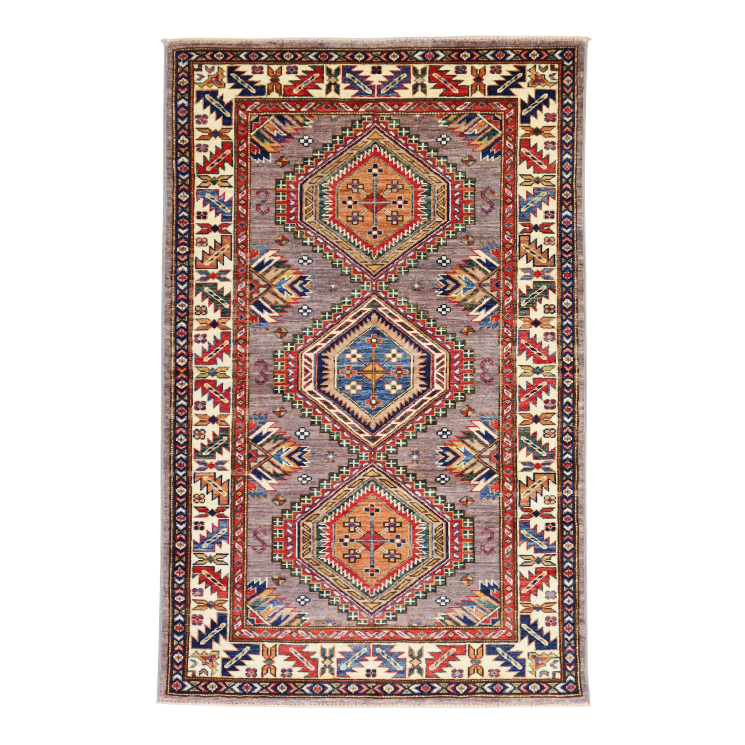 3'4" x 5'3" GRAY AND IVORY KAZAK GEOMETRIC PAKISTANI RUG
