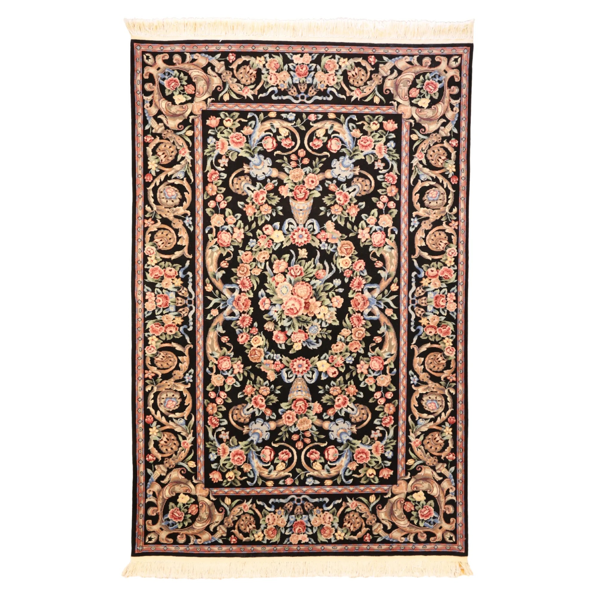 5' 9" x 8' 10" BLACK AND BLACK AUBUSSON EUROPEAN CHINESE RUG