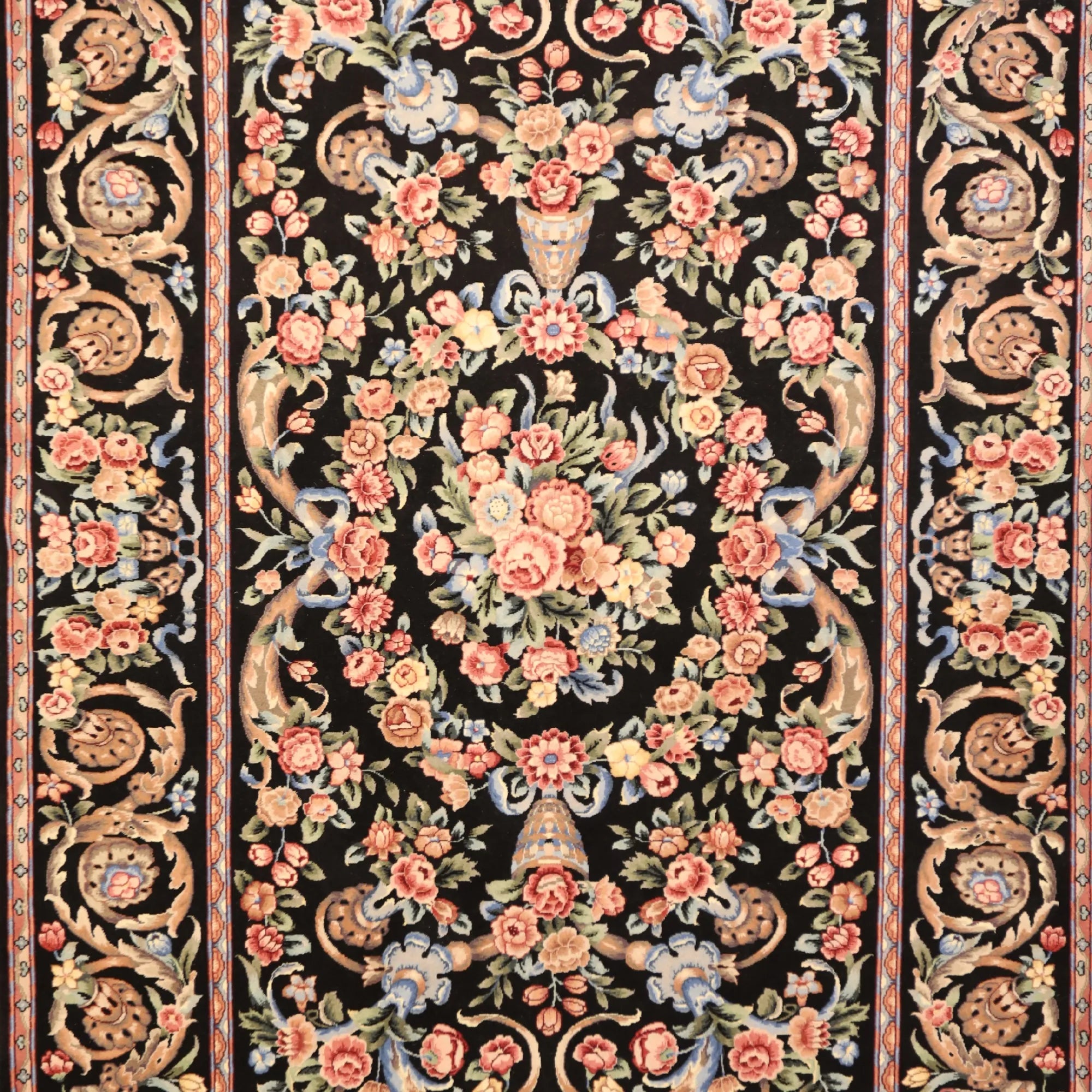 5' 9" x 8' 10" BLACK AND BLACK AUBUSSON EUROPEAN CHINESE RUG