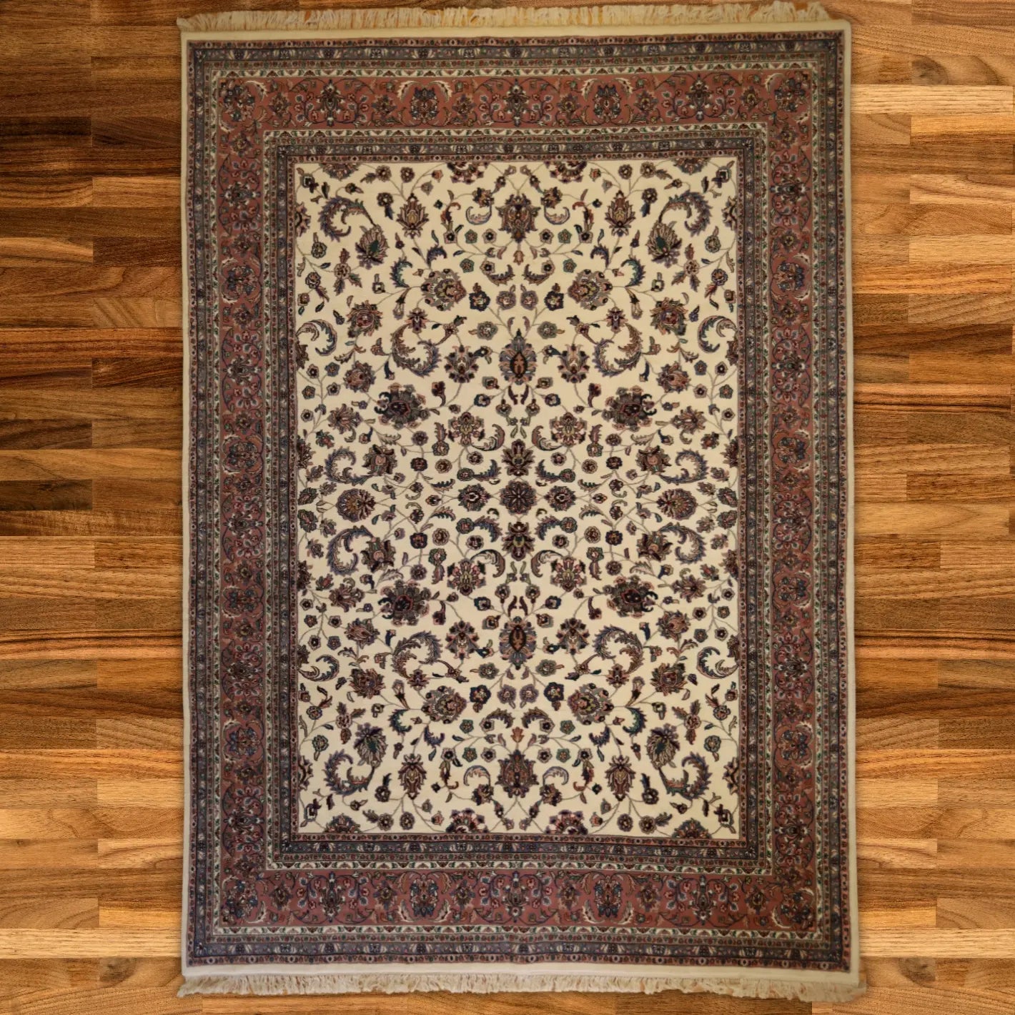 9'6" x 13'4" WHITE AND MAUVE KASHAN ALL-OVER INDIAN RUG