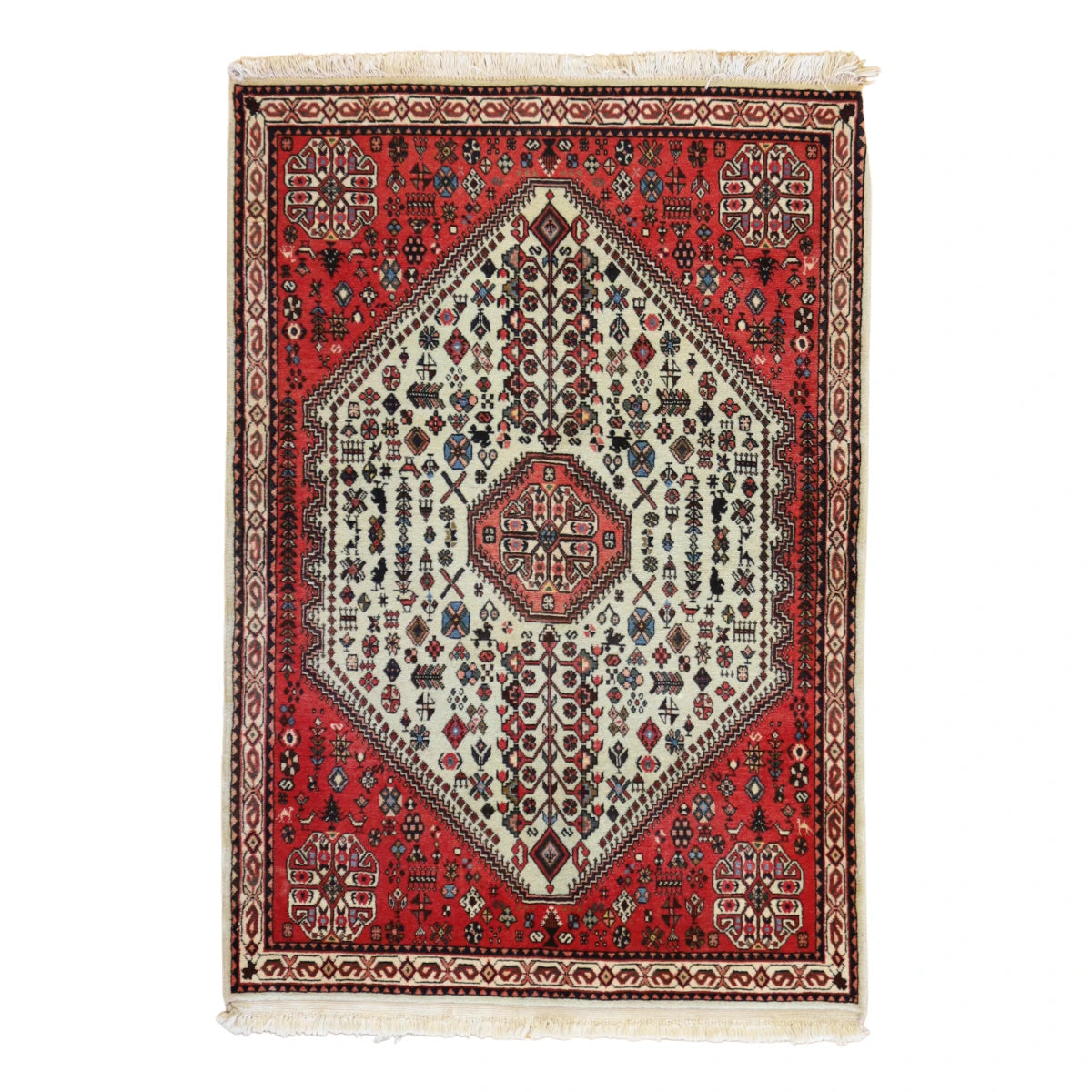 3'5" x 4'6" WHITE AND RED KARAJEH SEMIANTIQUE PERSIAN RUG