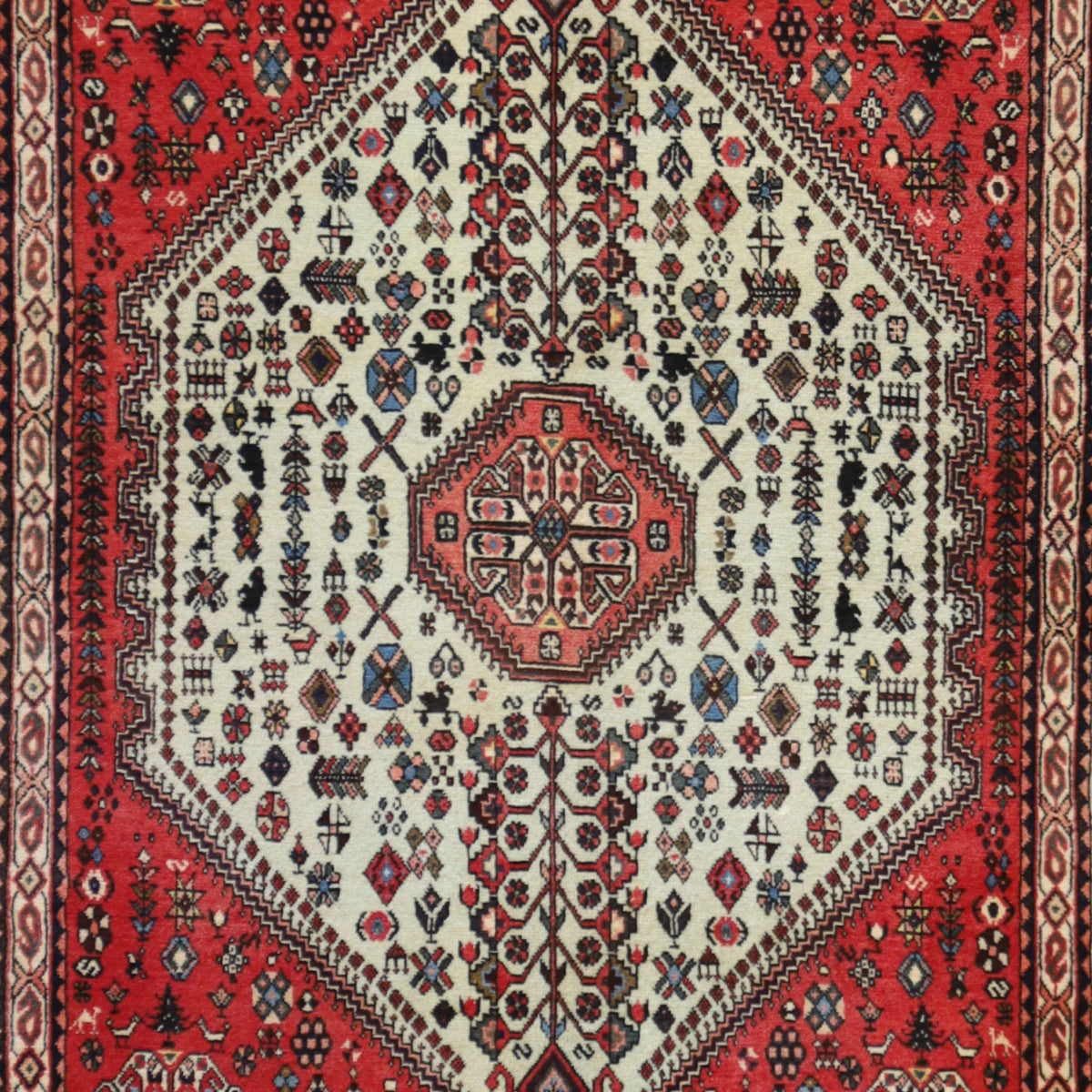 3'5" x 4'6" WHITE AND RED KARAJEH SEMIANTIQUE PERSIAN RUG