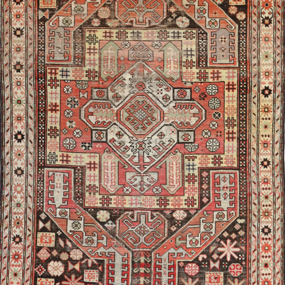 4'5" x 6'0" BROWN AND IVORY KARABAGH ANTIQUE CAUCASIAN RUG