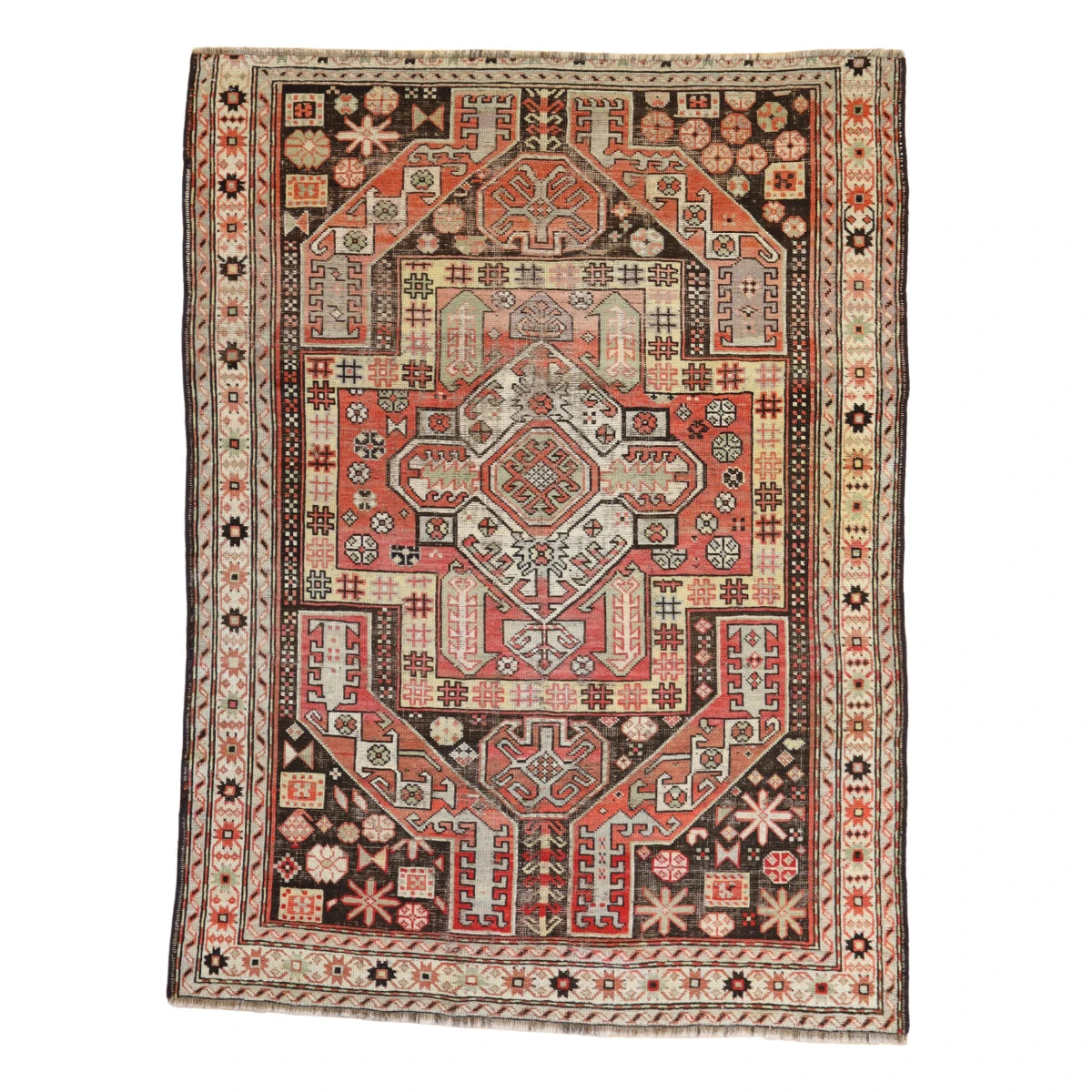 4'5" x 6'0" BROWN AND IVORY KARABAGH ANTIQUE CAUCASIAN RUG