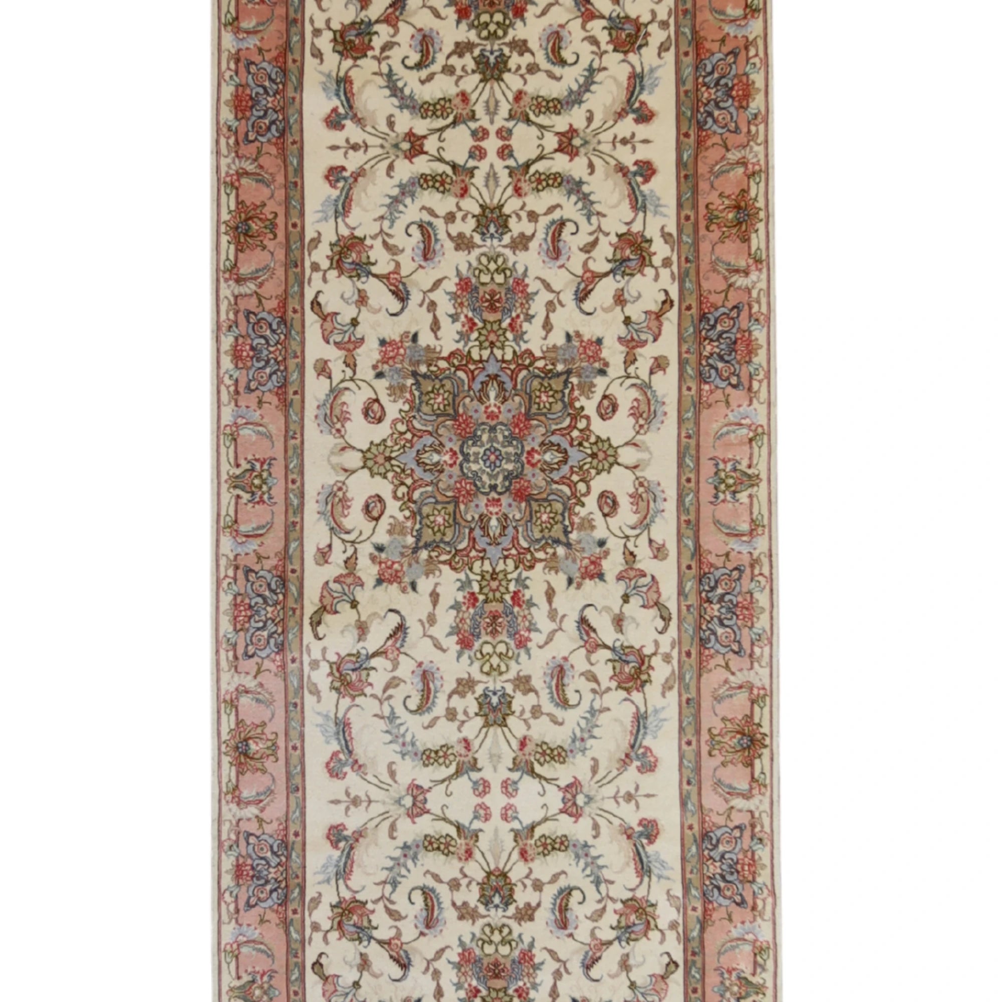 2'10" x 10'7" IVORY AND PINK TABRIZ FLORAL PERSIAN RUG