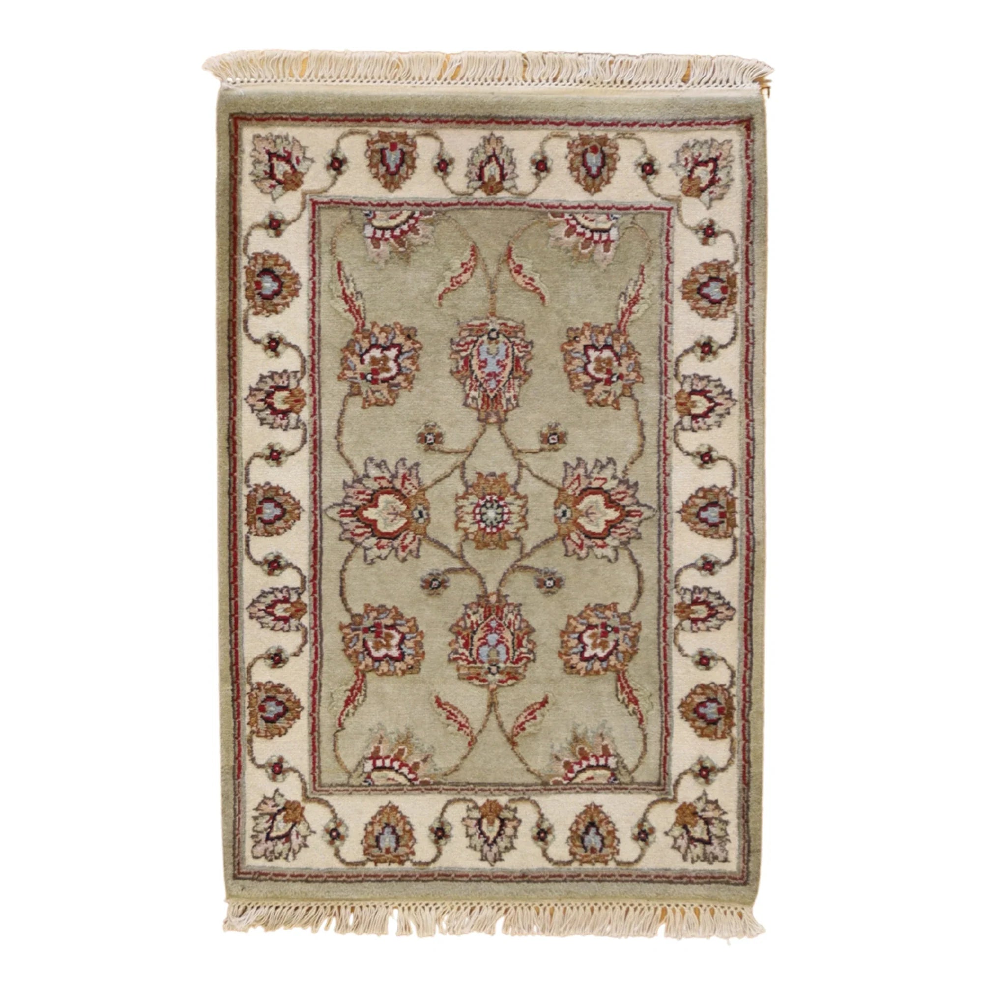 2'0" x 3'0" GREEN AND BEIGE JAIPUR FLORAL INDIAN RUG