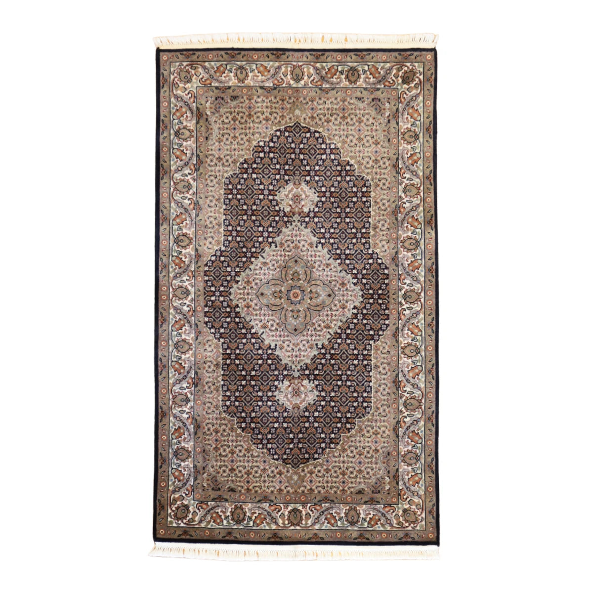 3'1" x 5'4" BLACK AND IVORY TABRIZ FISH DESIGN INDIAN RUG