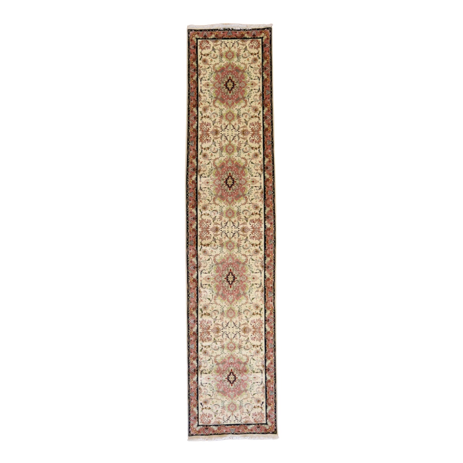 3' 0" x 13' 9" WHITE AND PINK TABRIZ FLORAL PERSIAN RUG