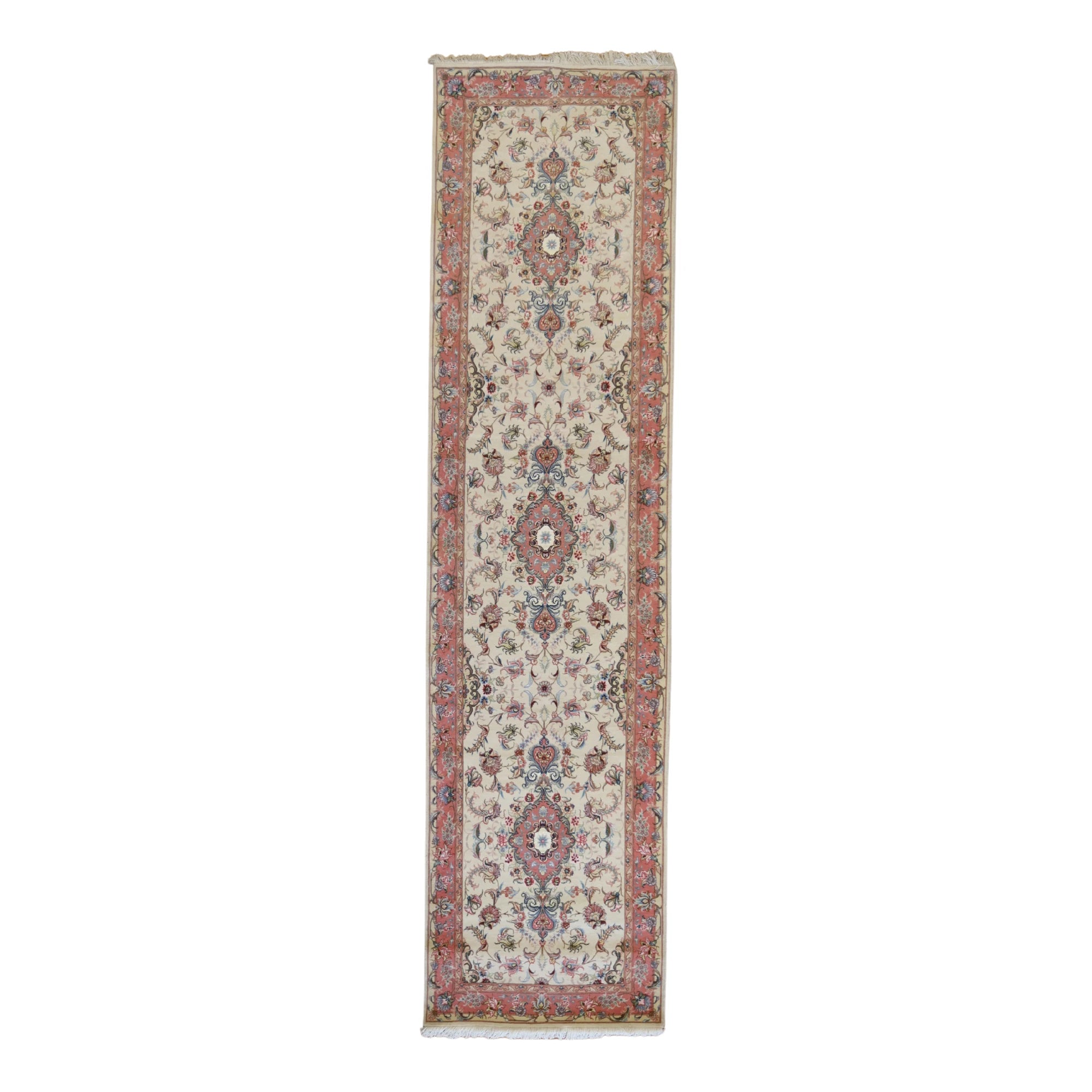 2'9" x 10'11" WHITE AND SALMON TABRIZ FLORAL PERSIAN RUG
