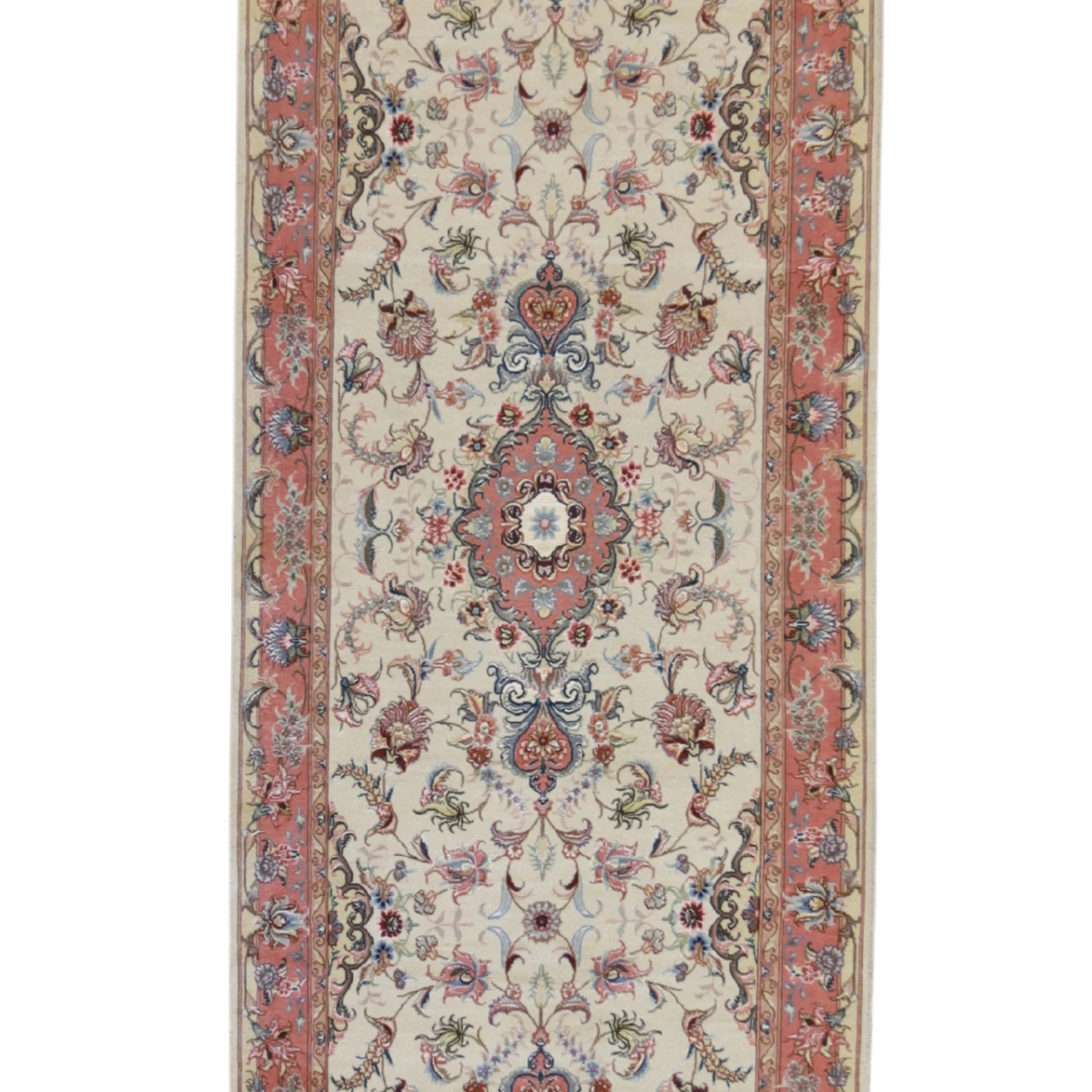 2'9" x 10'11" WHITE AND SALMON TABRIZ FLORAL PERSIAN RUG