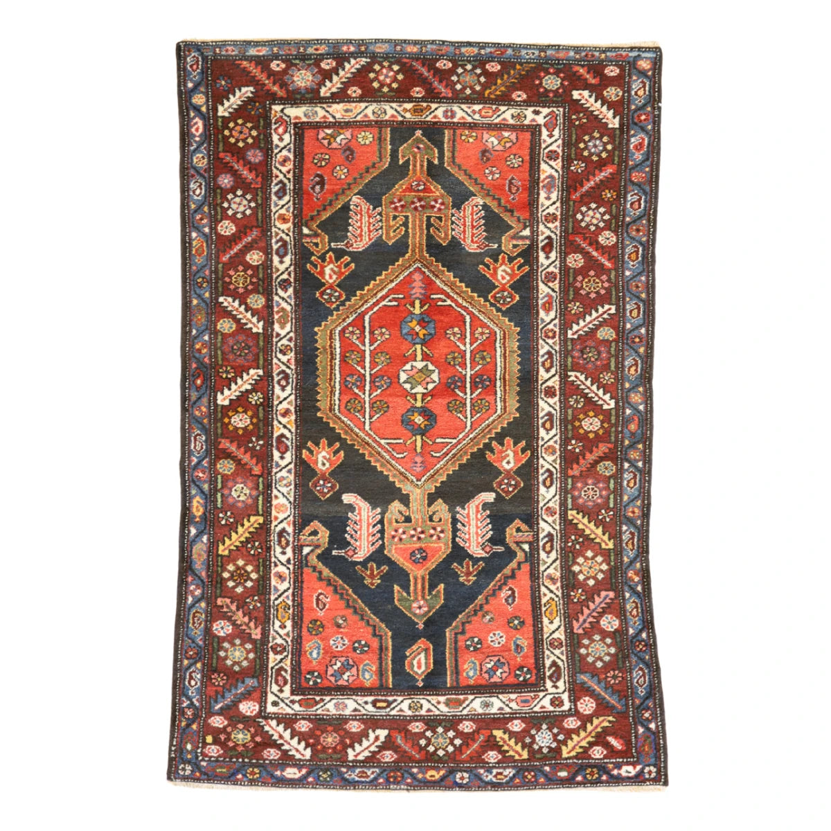 4'2" x 6'7" NAVY AND WINE HAMEDAN ANTIQUE PERSIAN RUG