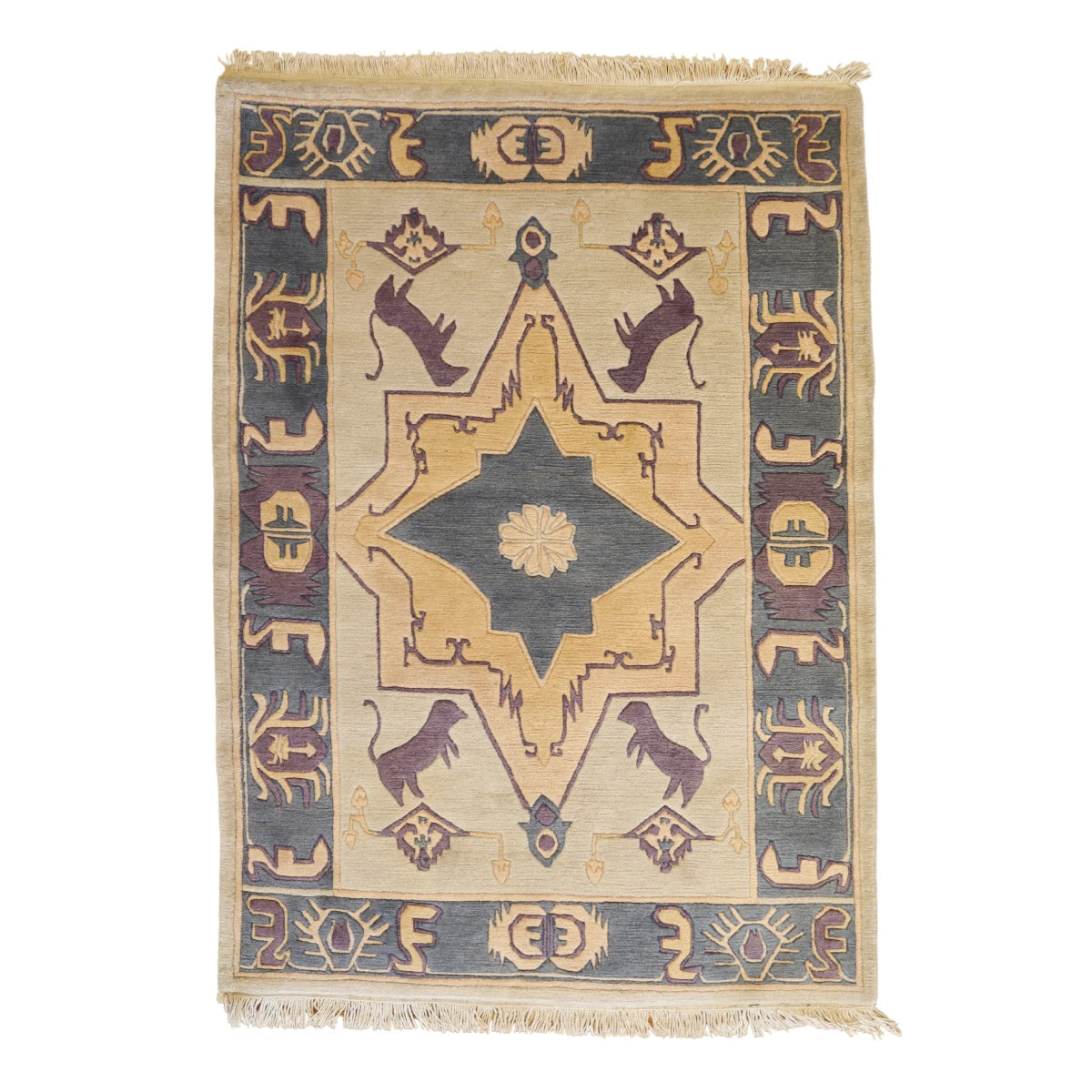 4'0" x 6'0" IVORY AND BLUE MODERN TIBETI RUG