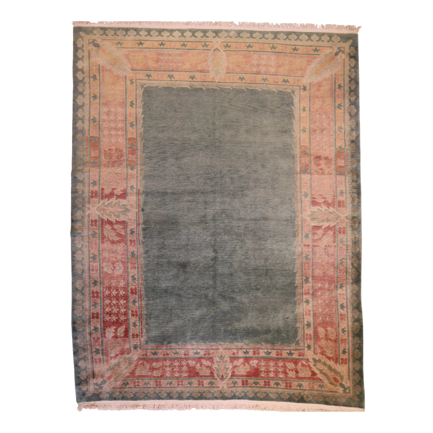 9'7" x  12'8" GREEN AND CORAL MODERN MODERN TIBETI RUG