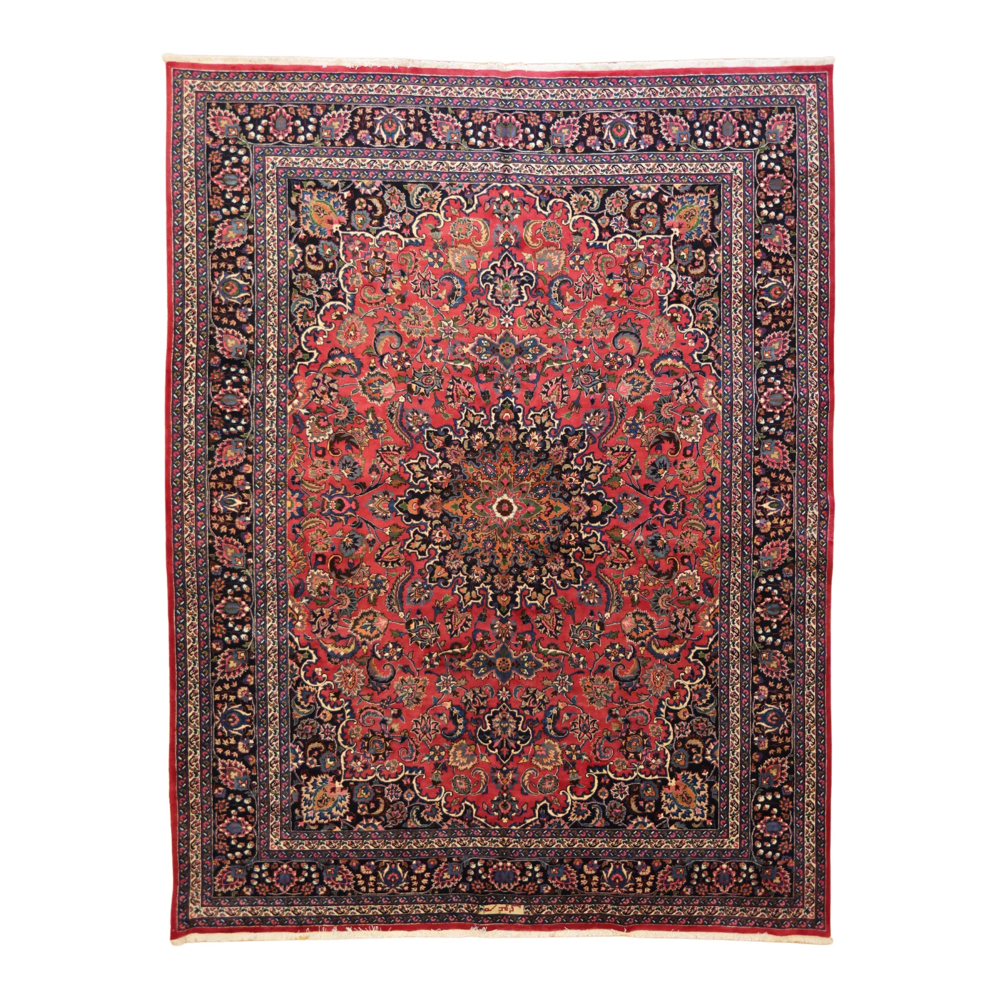 10'2" x 13'0" RED AND NAVY MASHAD FLORAL PERSIAN RUG