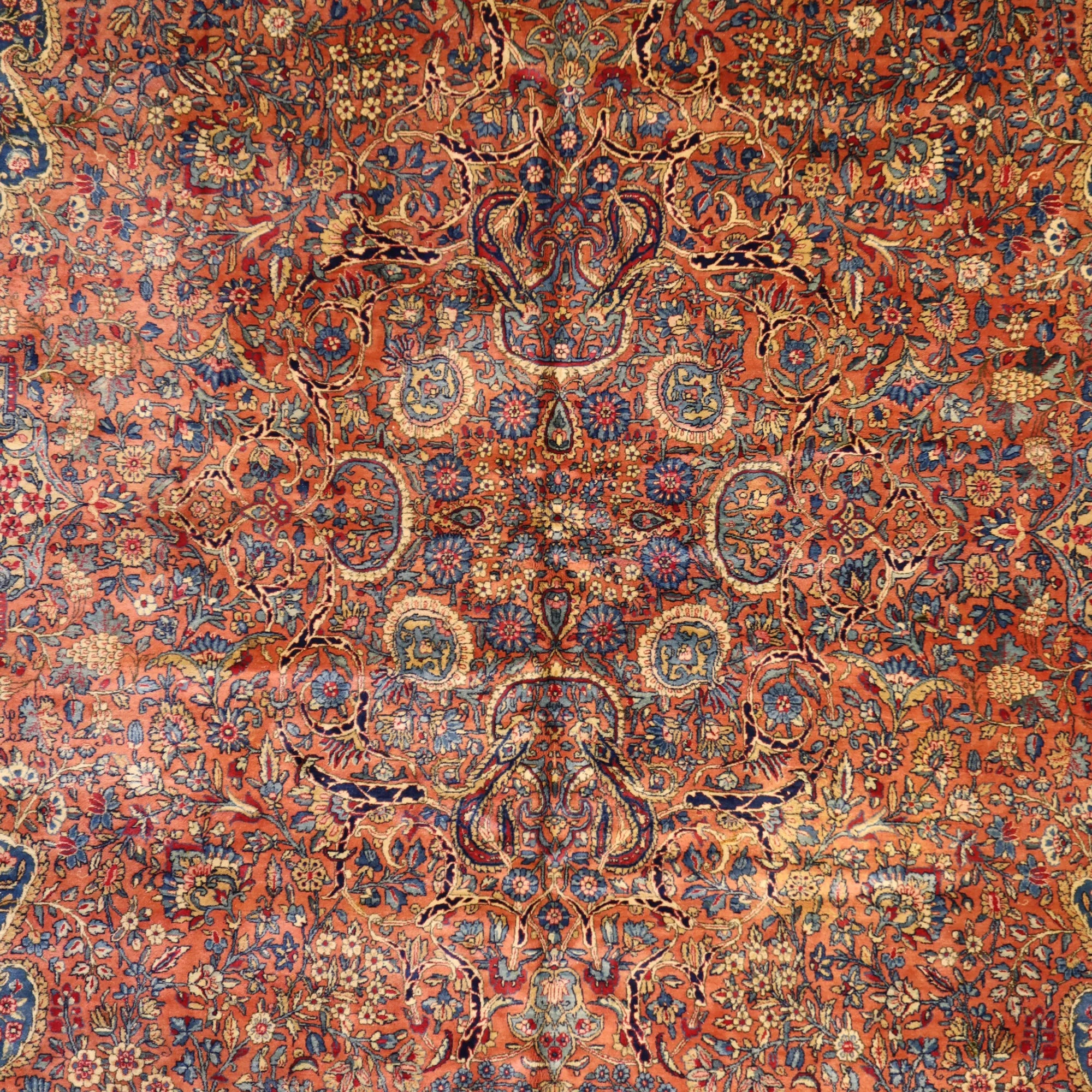 11'9" x 12'0" SALMON AND IVORY KERMAN ANTIQUE PERSIAN RUG