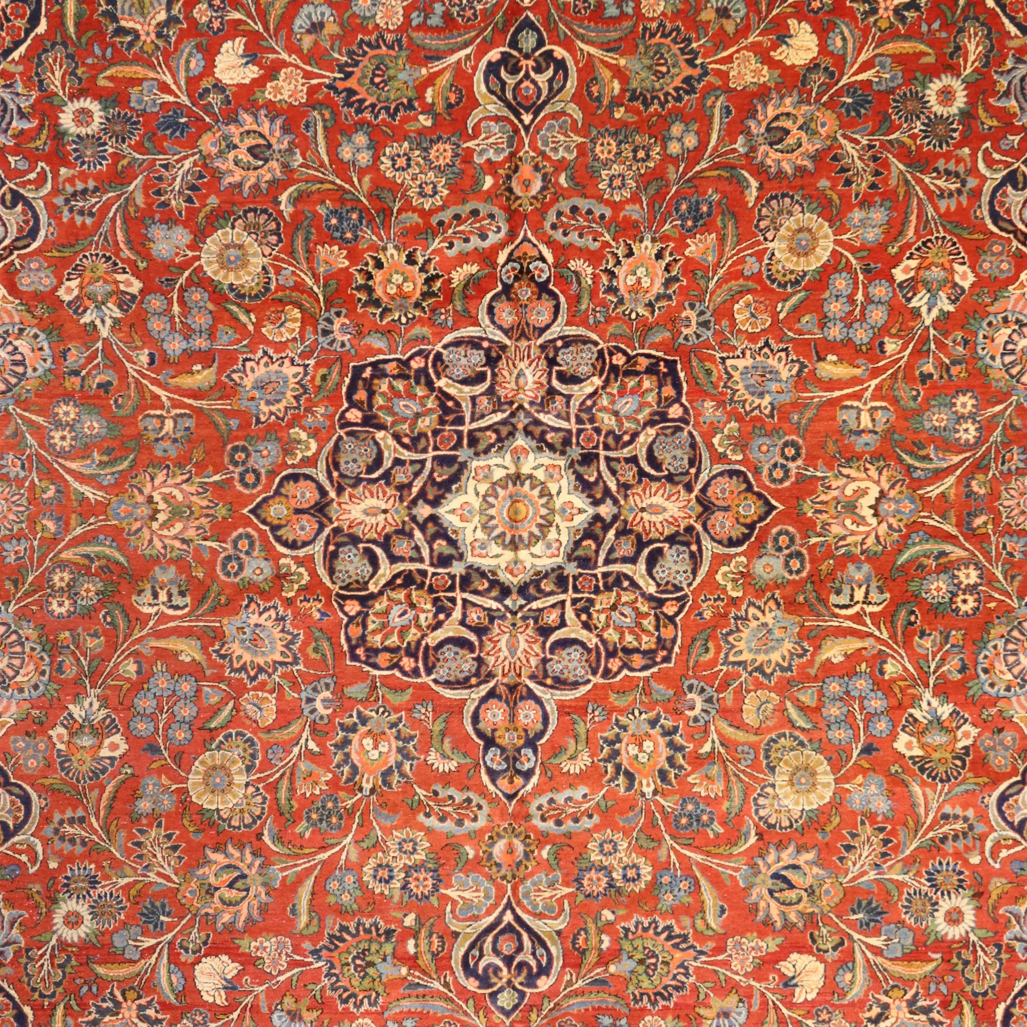 10'3" x 13'9" RUST AND NAVY KASHAN ANTIQUE PERSIAN RUG