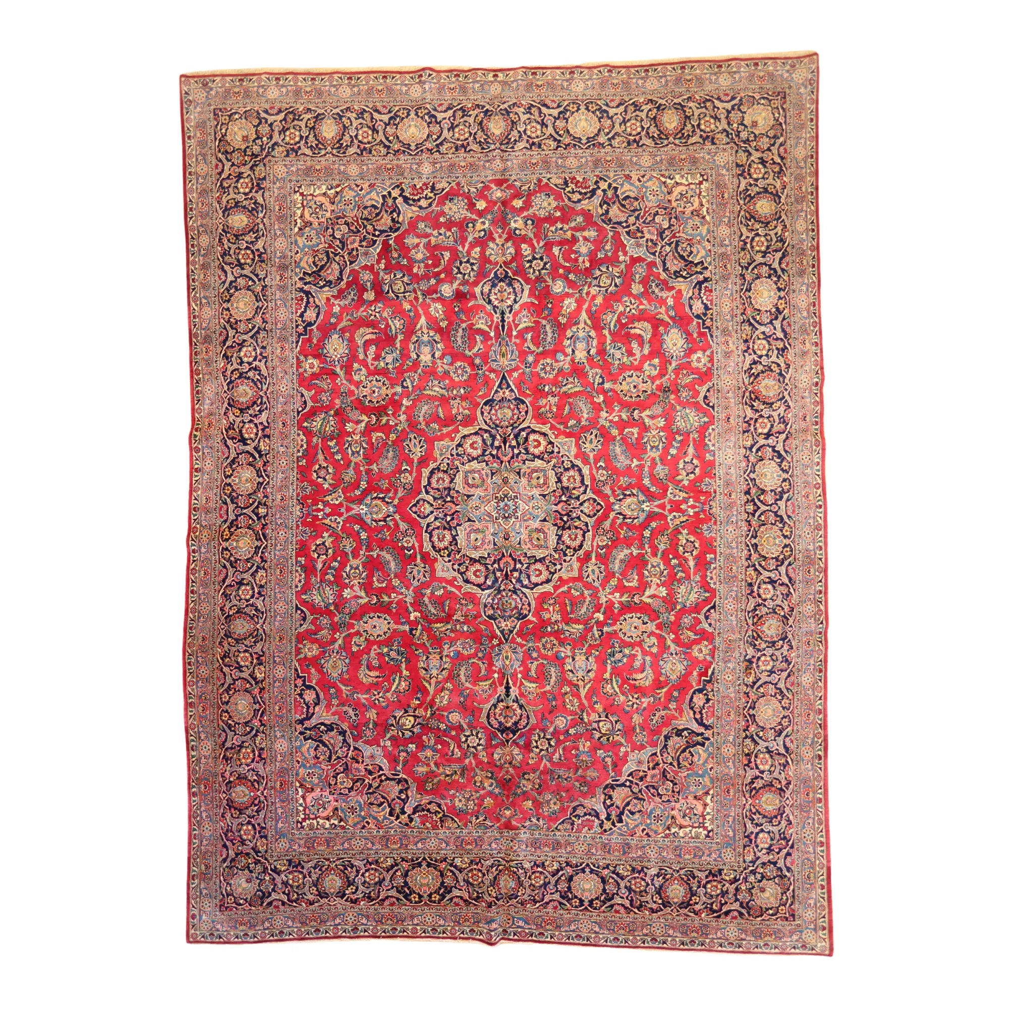 10'3" x 14'0" RED AND NAVY KASHAN ANTIQUE PERSIAN RUG