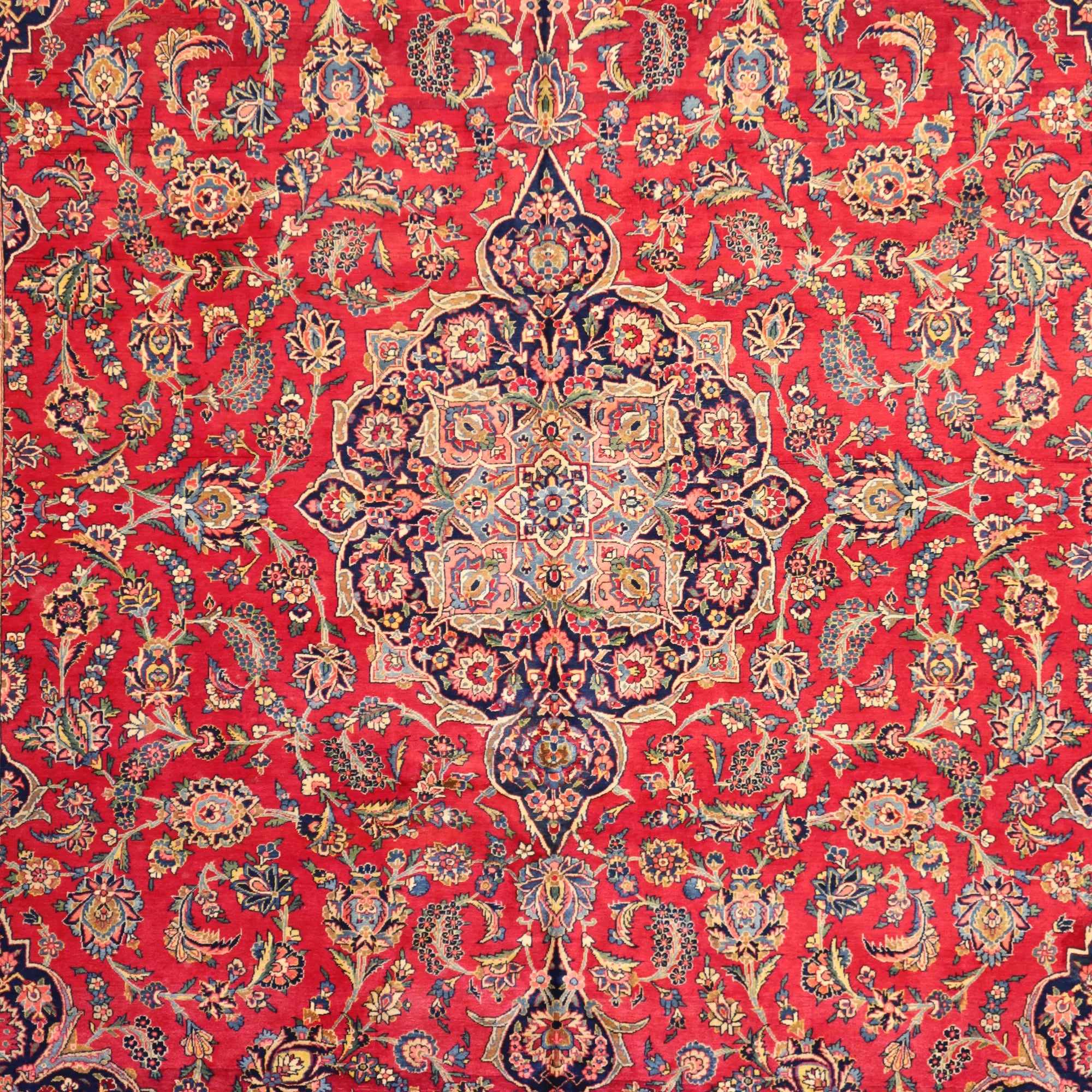 10'3" x 14'0" RED AND NAVY KASHAN ANTIQUE PERSIAN RUG