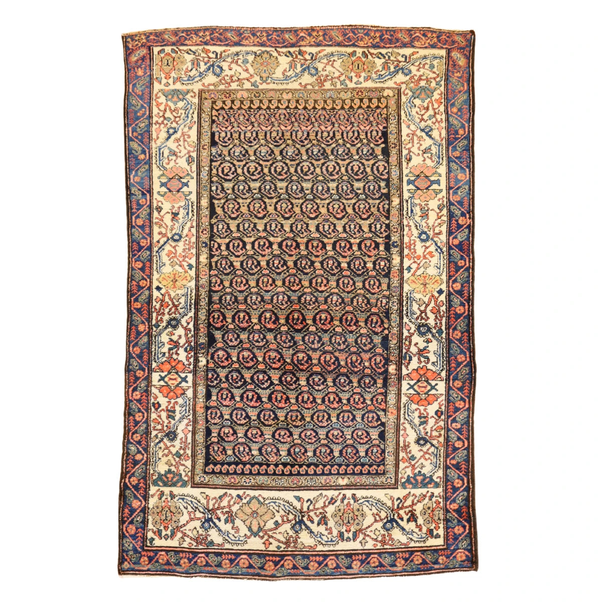 4'2" x 6'6" NAVY AND IVORY SENNEH ANTIQUE PERSIAN RUG