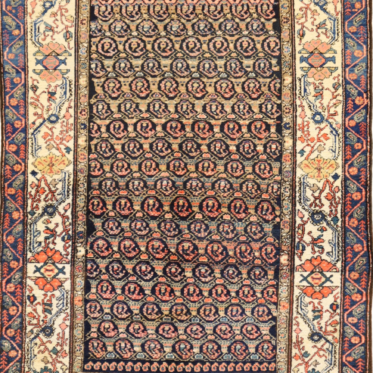 4'2" x 6'6" NAVY AND IVORY SENNEH ANTIQUE PERSIAN RUG