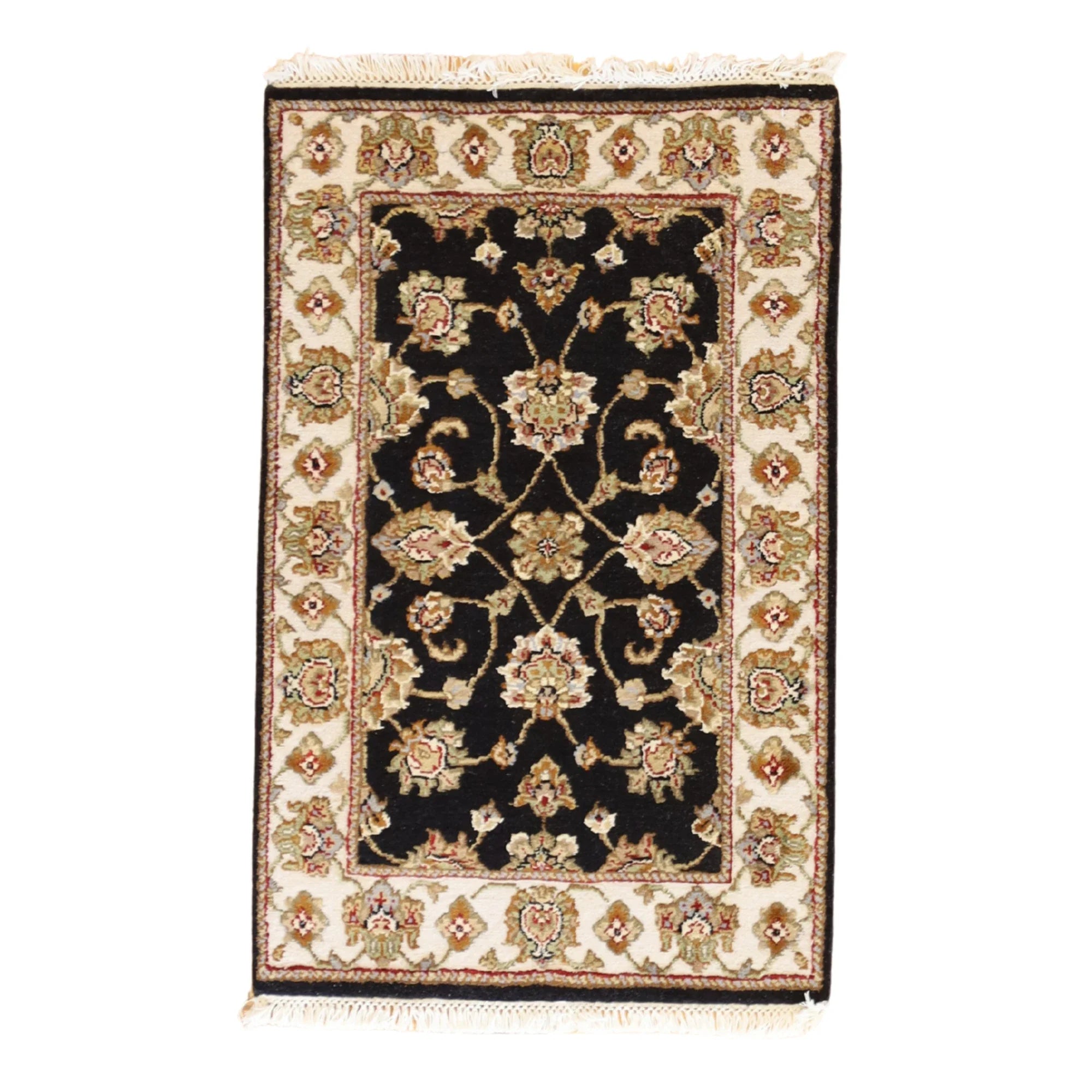 2'0" x 3'0" BLACK AND IVORY JAIPUR FLORAL INDIAN RUG