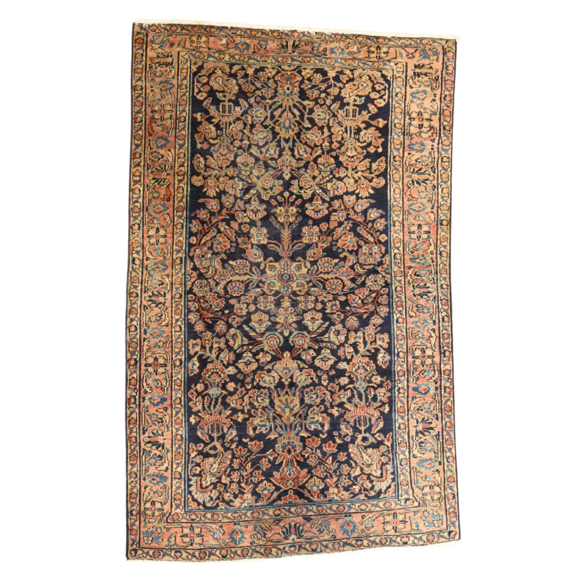 4'4" x 6'6" NAVY AND SALMON SAROUK ANTIQUE PERSIAN RUG