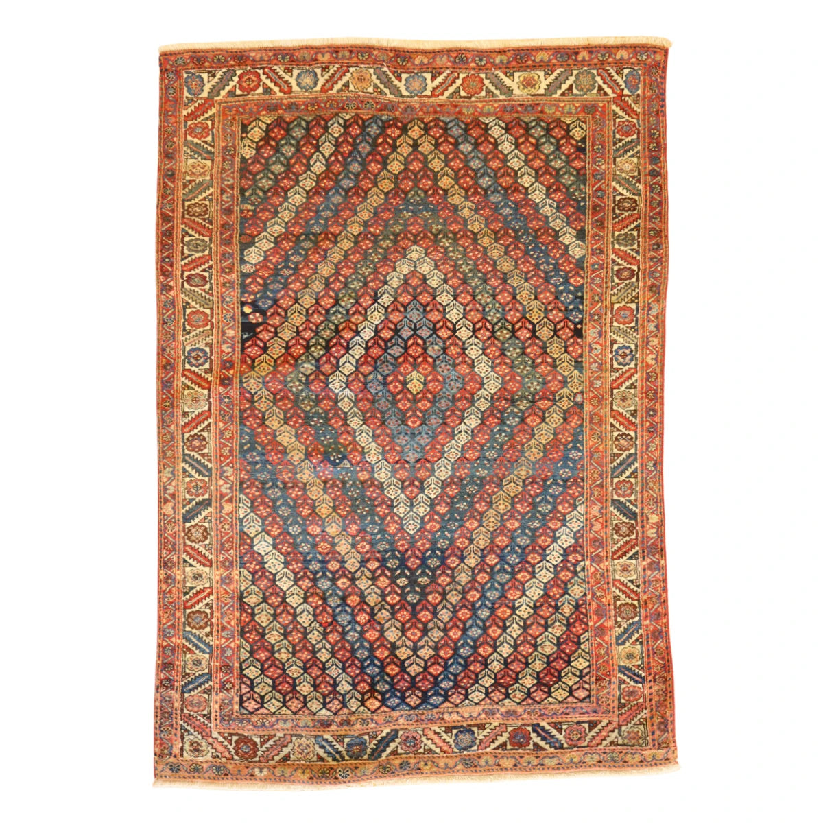 4'8" x 6'9" MULTICOLOR AND IVORY KURDISH ANTIQUE PERSIAN RUG