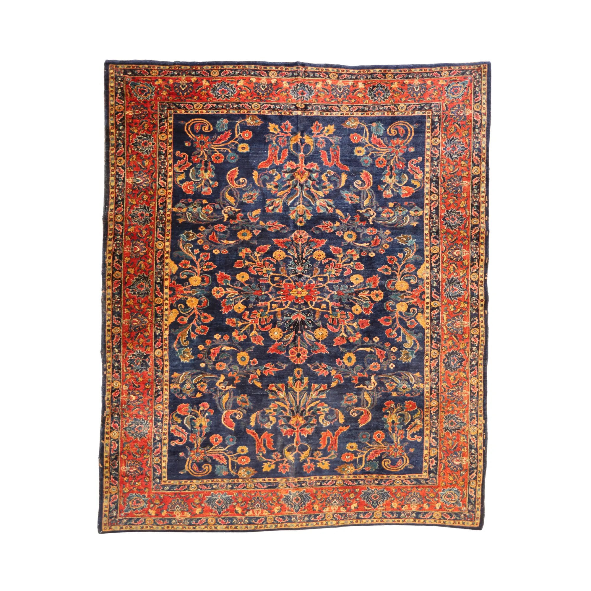 9'2" x 11'8" NAVY AND RED SAROUK ANTIQUE PERSIAN RUG