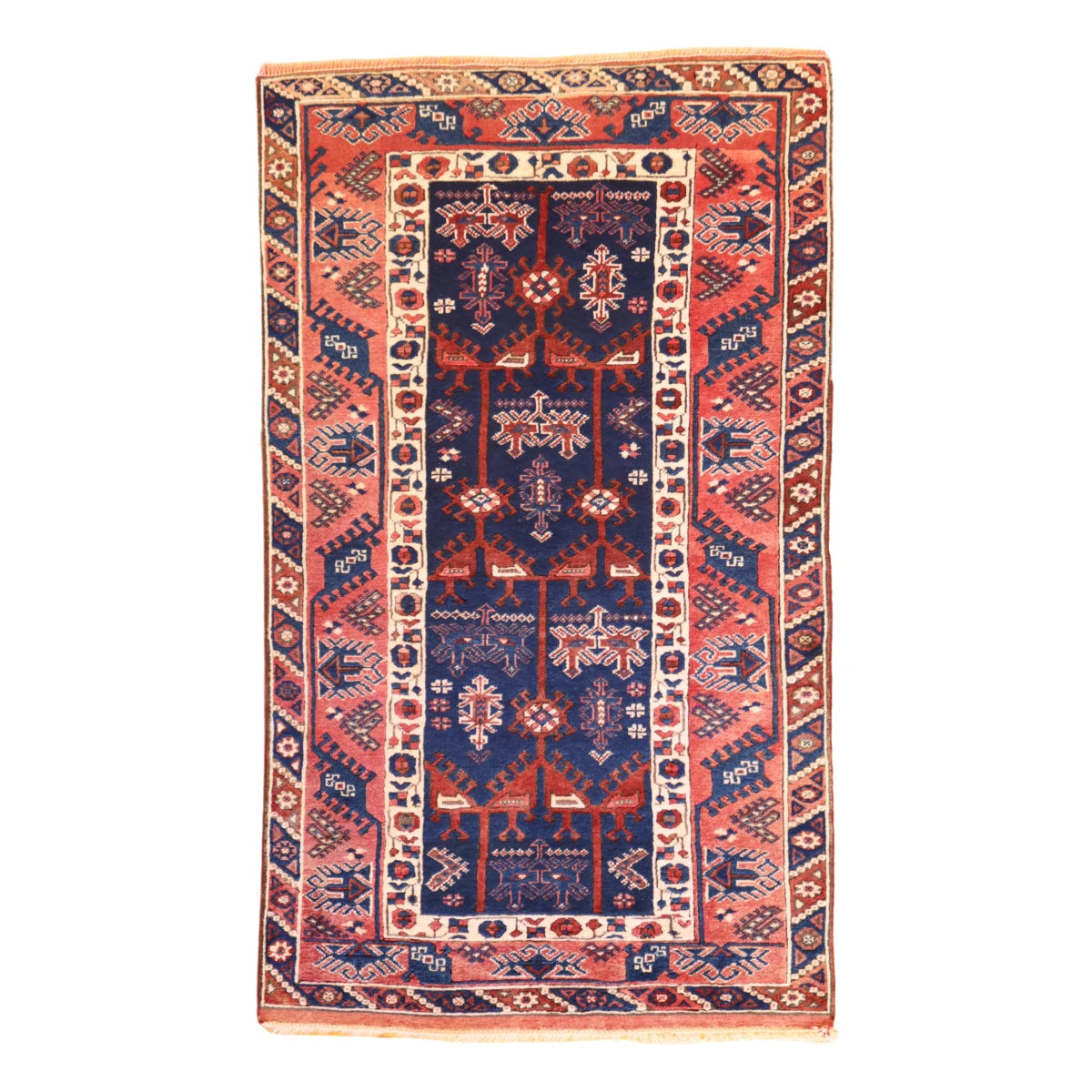 3'10" x 6'5" NAVY AND RED TRIBAL SEMIANTIQUE TURKISH RUG