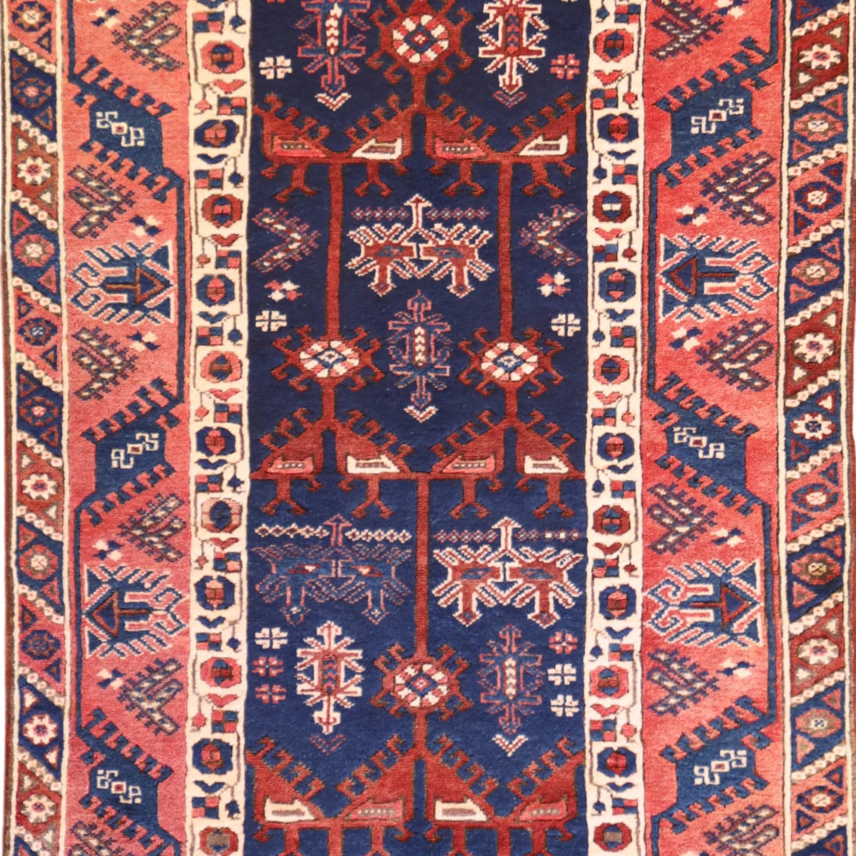 3'10" x 6'5" NAVY AND RED TRIBAL SEMIANTIQUE TURKISH RUG