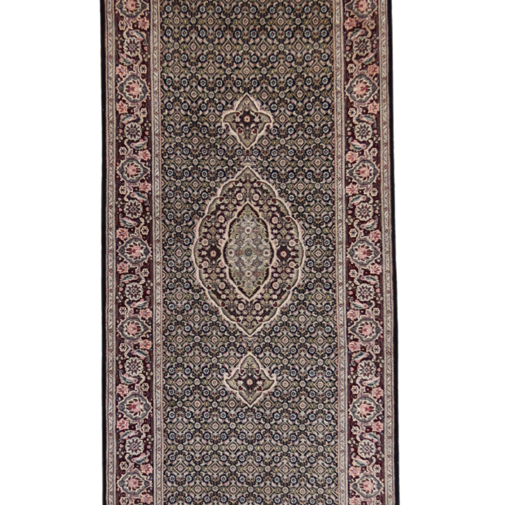 2'7" x 12'0" BLACK AND BURGUNDY TABRIZ FISH DESIGN CHINESE RUG