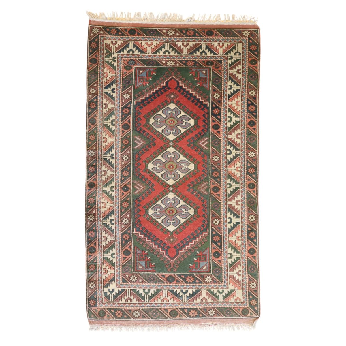 4'0" x 6'9" RED AND IVORY KAZAK GEOMETRIC TURKISH RUG
