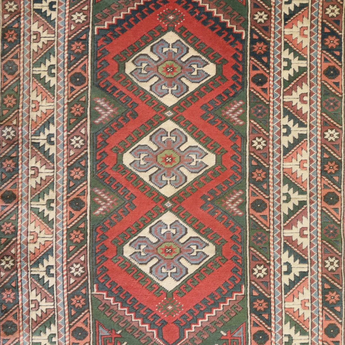 4'0" x 6'9" RED AND IVORY KAZAK GEOMETRIC TURKISH RUG