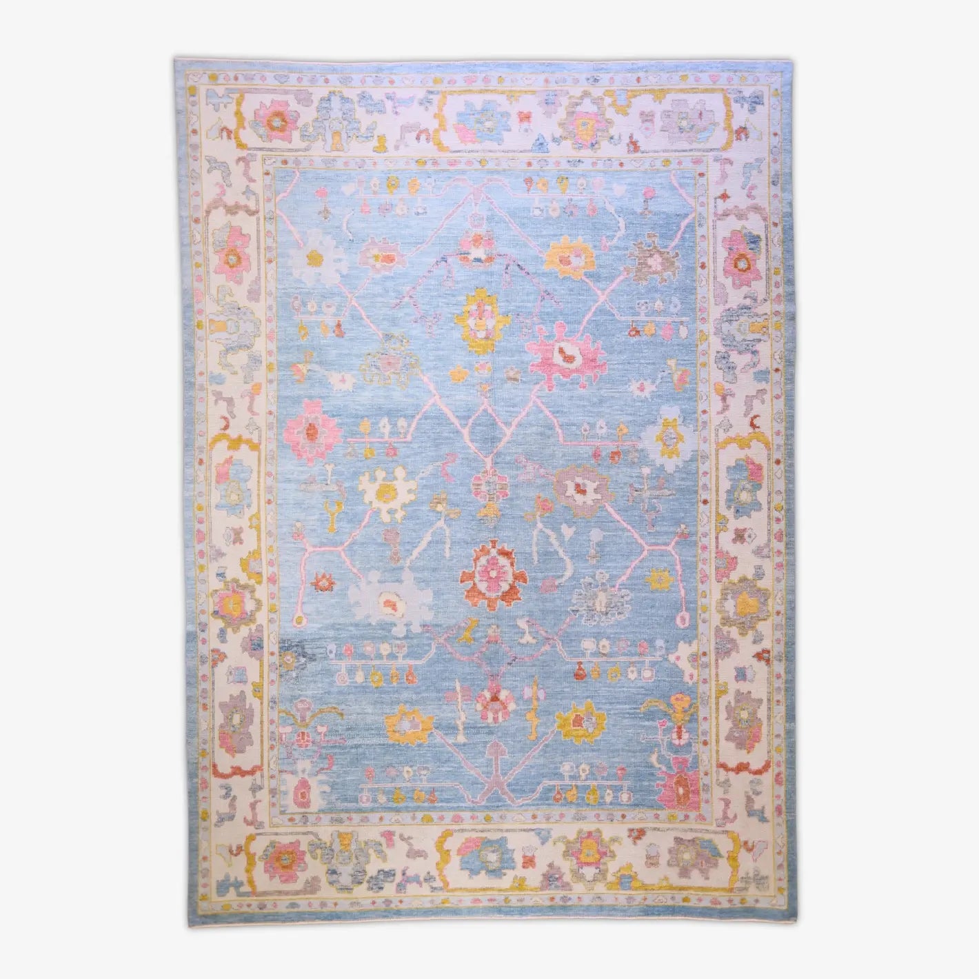 10'   3" x  14'   4" BLUE AND BEIGE OUSHAK GEOMETRIC TURKISH RUG