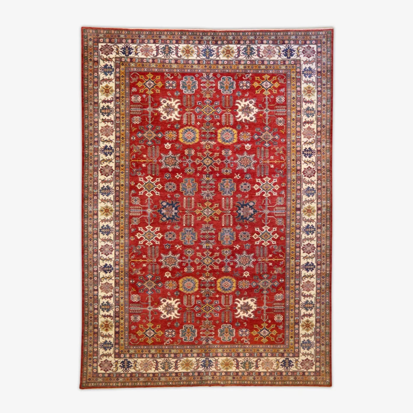 9'  11" x  14'   1" RED AND IVORY KAZAK GEOMETRIC PAKISTANI RUG