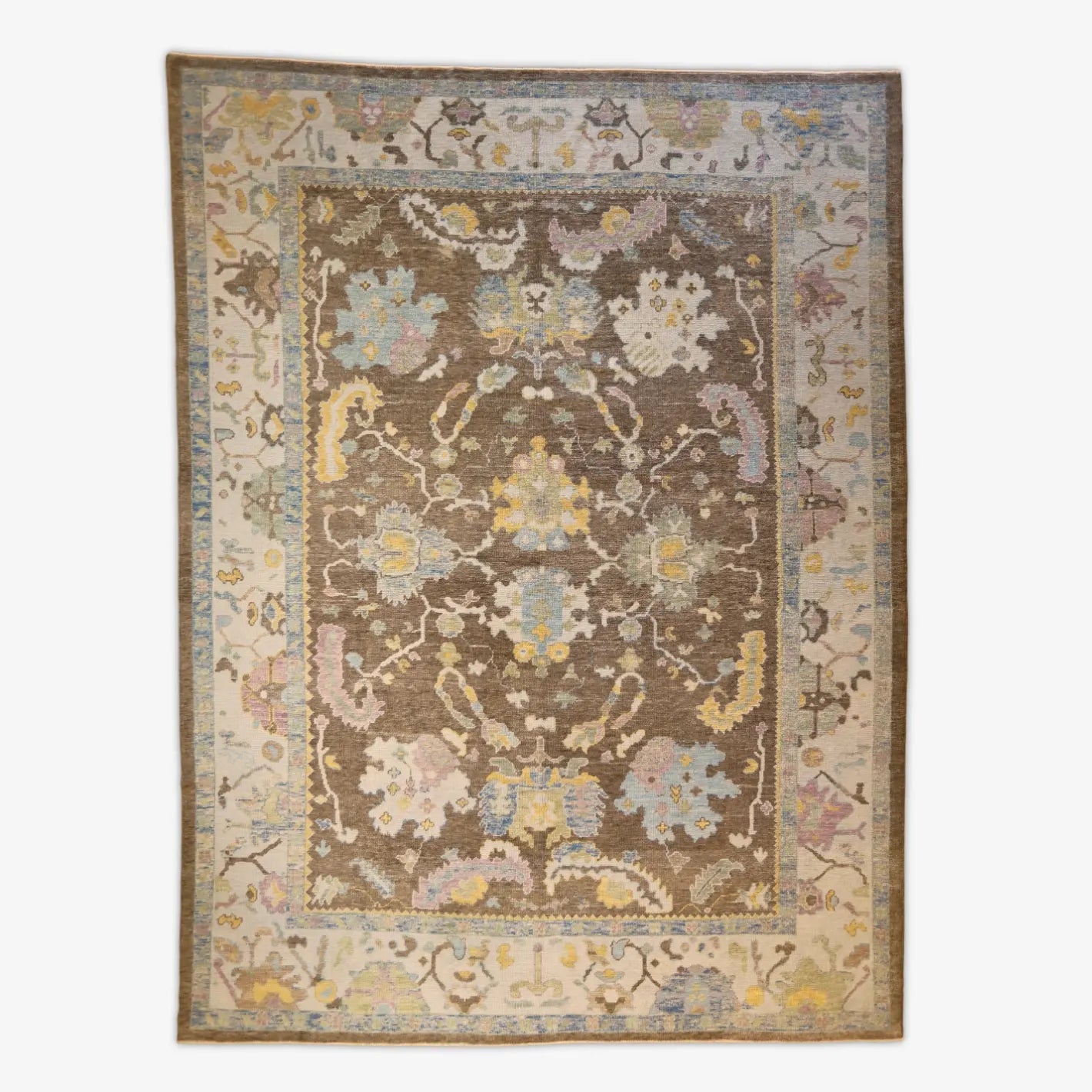 10'   1" x  13'   6" BROWN AND BLUE OUSHAK GEOMETRIC TURKISH RUG